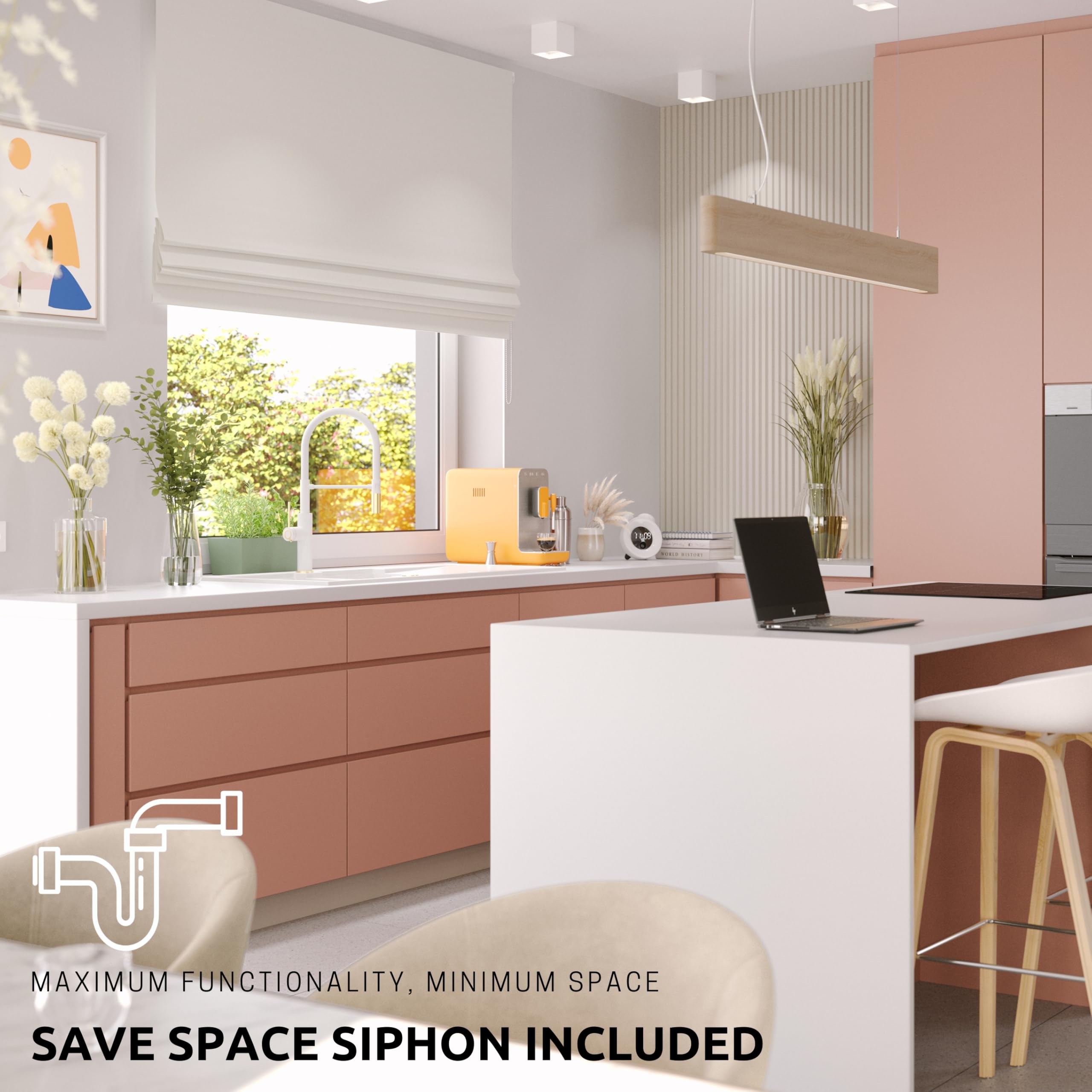 QUADRON fregadero doble cubeta blanco, EVAN 121 GraniteQ, fregadero de granito de 2 cubetas en 1160x500x210 mm, Push 2 Open fregadero con sifón y escurridor, elementos de cobre PVD