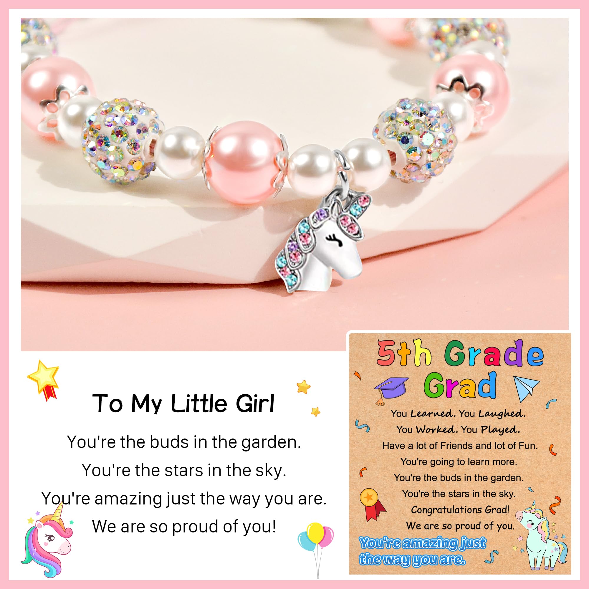 Parma77 2026 Kindergarten/Preschool/5th Grade Graduation Gifts, Adjustable Unicorn Bracelet with Pearl & Rhinestone Ball, Graduation Gifts for Kindergarten Students Daughter Granddaughter Niece