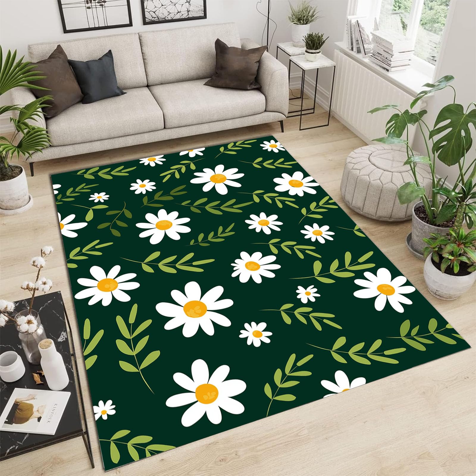 Tapis motif marguerite blanche et vert émeraude 60x90cm doux pour chambre