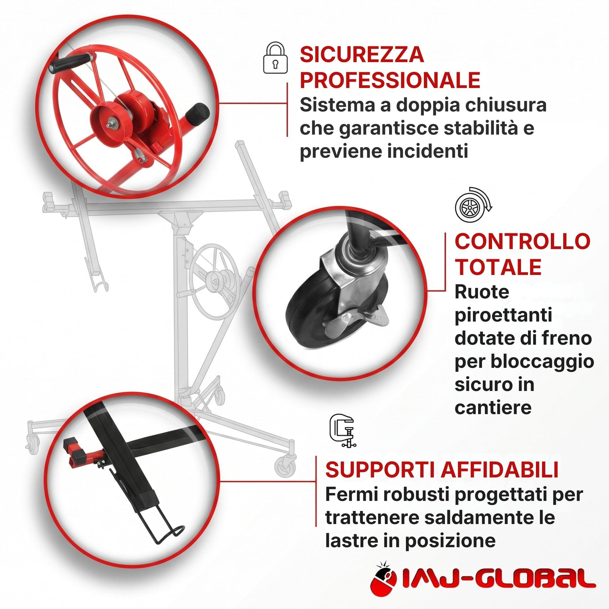 IMJ-Global - Alzalastre per Cartongesso Professionale a Doppia Chiusura, Alza Pannelli Cartongesso con Altezza di Lavoro 135-335cm, Alza Lastre Telescopico con Portata Massima di 68KG