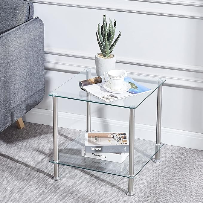 paonne Square Glass End Table Living Room Side Table Square, Small Square Glass Bedside Table