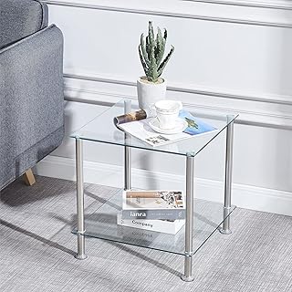 paonne Square Glass End Table Living Room Side Table Square, Small Square Glass Bedside Table, Modern End Nightstand, Small Glass Side Table with Chrome Legs (Clear)