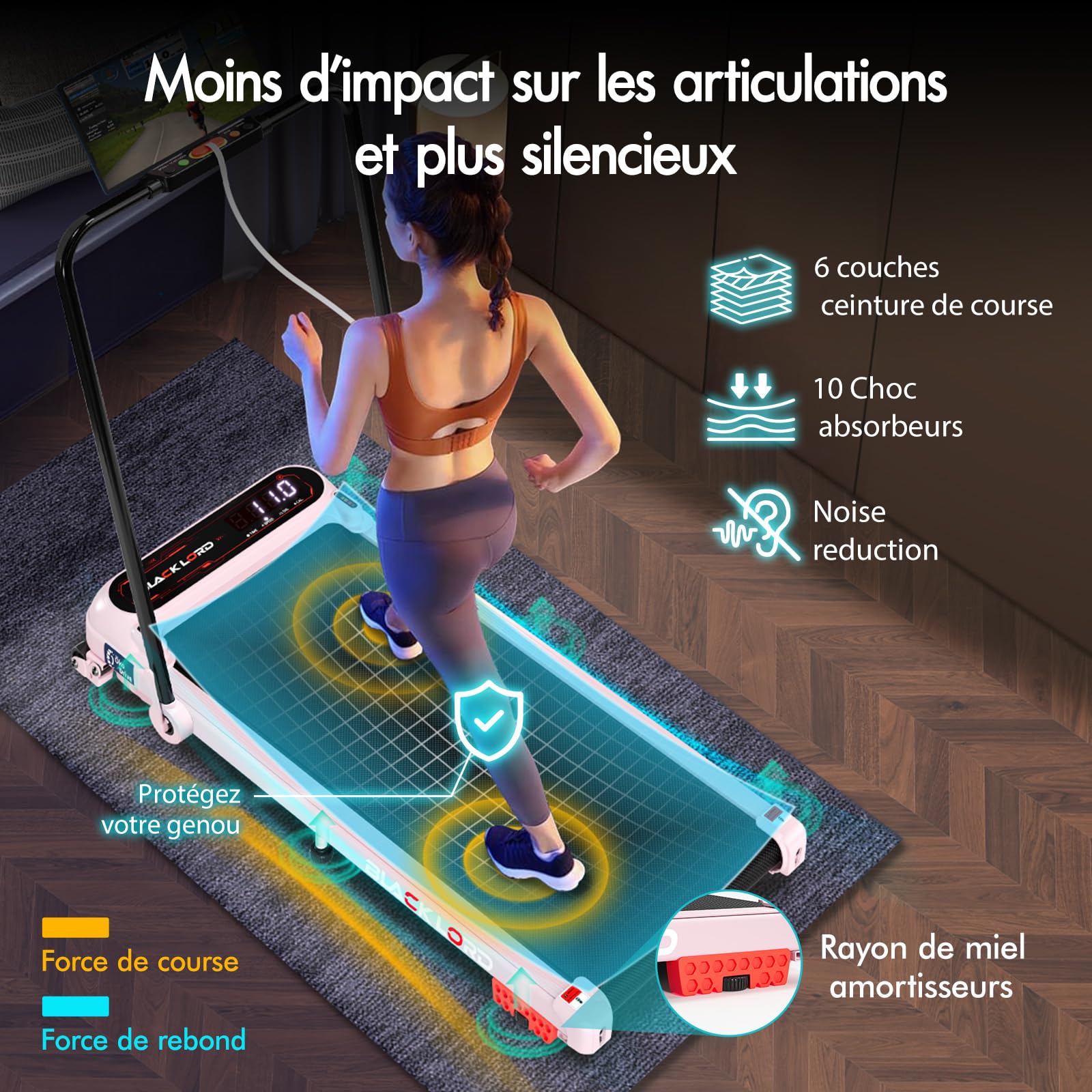 BLACK LORD Tapis de Course, Tapis de Marche Bureau, Moteur Silencieux 3.0HP, 130kg capacité, Suivi Bluetooth, 3 Niveaux Inclinaison, Tapis antidérapant,avec poignée,Rose
