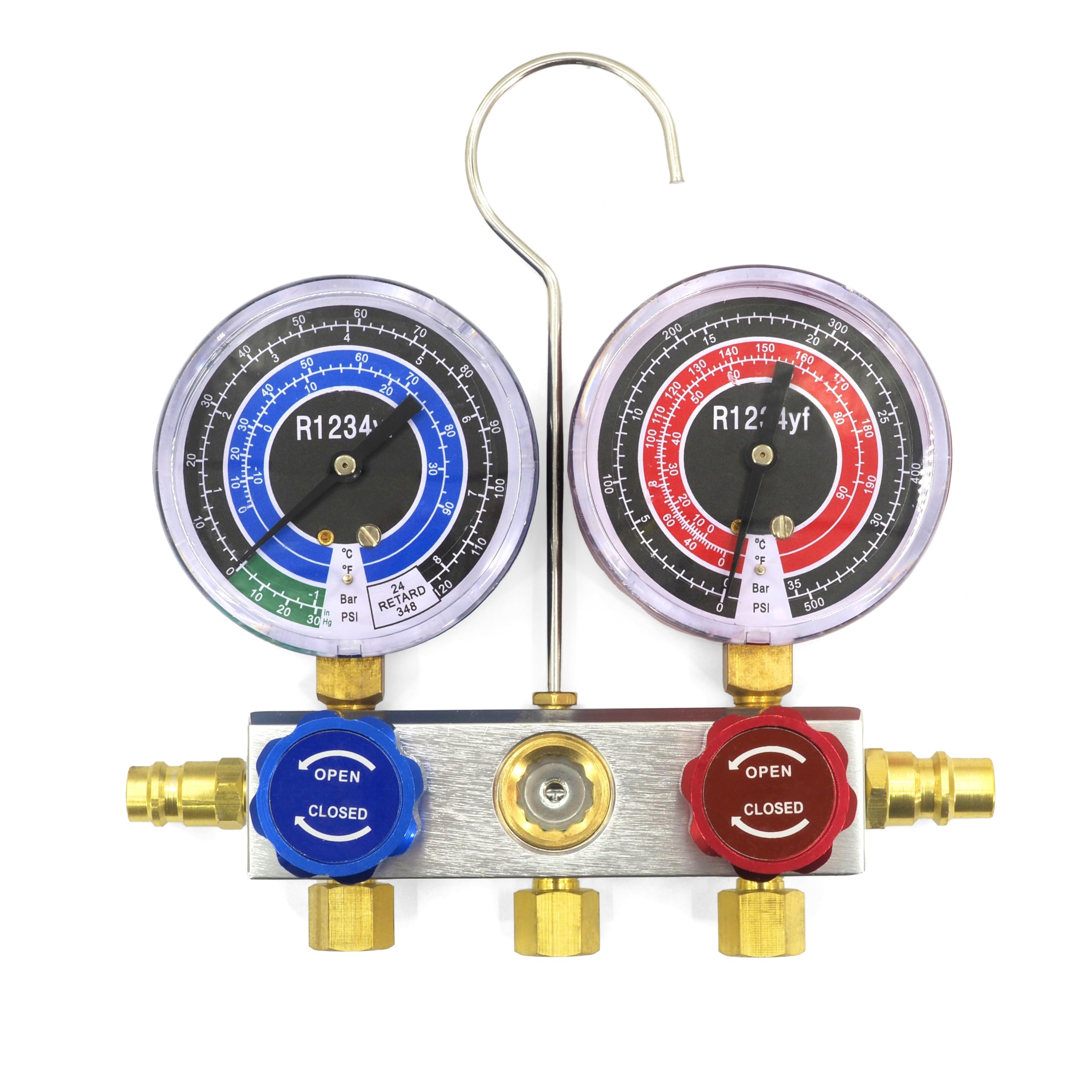 R1234YF Kältemittel Nachfüllset Klimaanlage Befüllen Set Auto - Klimaservicegerät mit Manometern, 3 Schläuchen 140cm und Schnellkupplungen