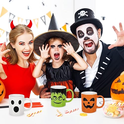 Miniatura 3 de Whaline Juego de 4 tazas de Halloween de 12 onzas con diseño de calabaza, gato, monstruo, fantasma, tazas de cerámica a juego para el hogar,