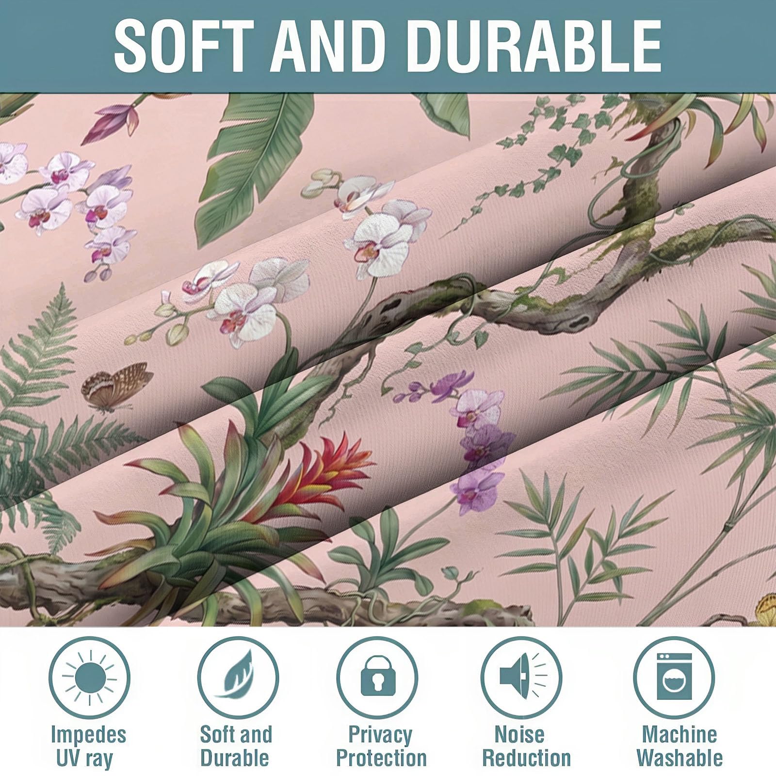 Tende Foresta pluviale tropicale Banano, bambù, orchidea Oscuranti 2 Pezzi 137 Altezza, Termiche Isolanti, Anti-Rumore, Ideali per Camera da Letto e Soggiorno, 117 X 137 cm, Rosa