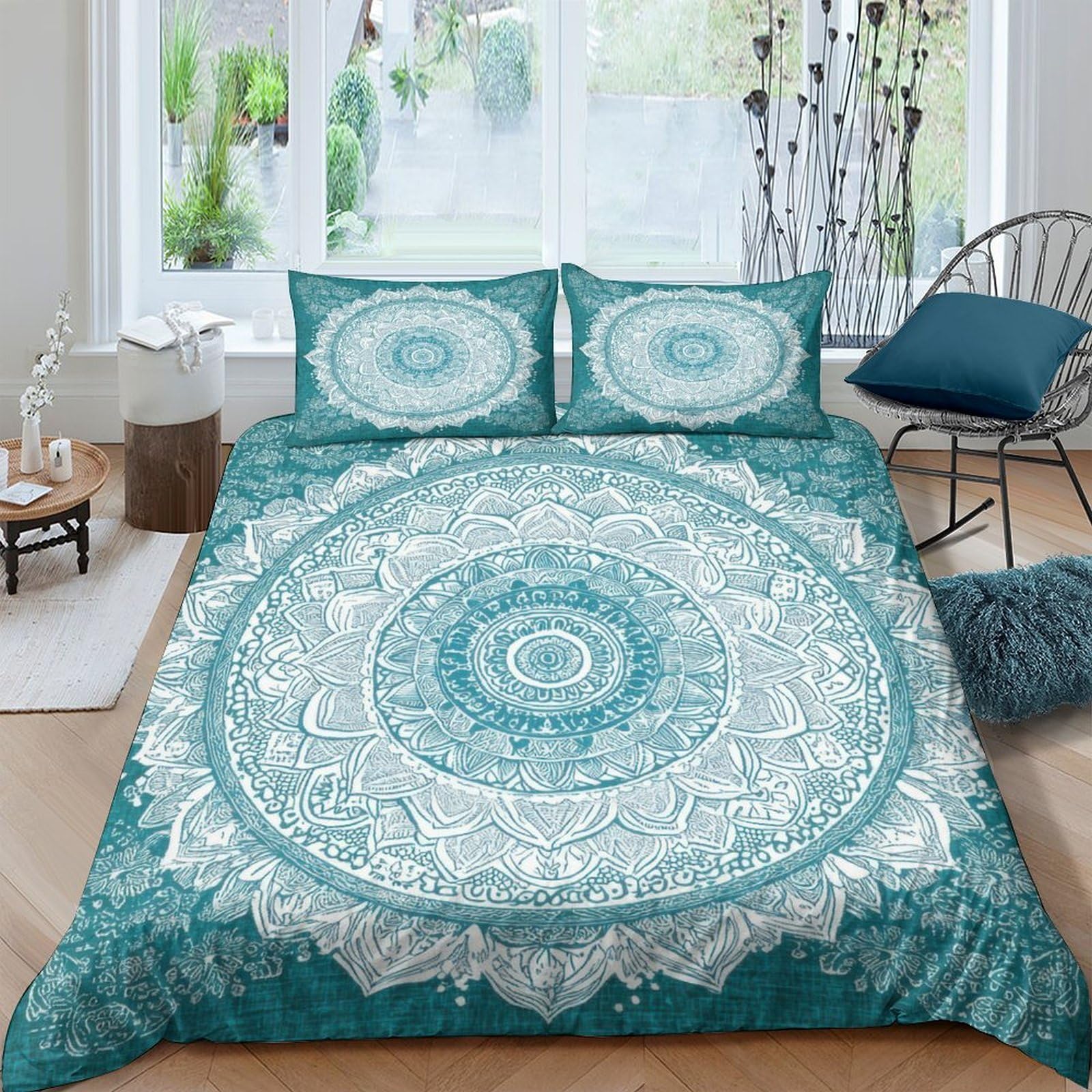 Ctjqhvkz Style-8 3D Printed Mandala Turquoise Fitted Sheet Microfiber Soft Boho Pattern Bed Cover For Bedroom Guest Room Easy Care Single（135X200cm）
