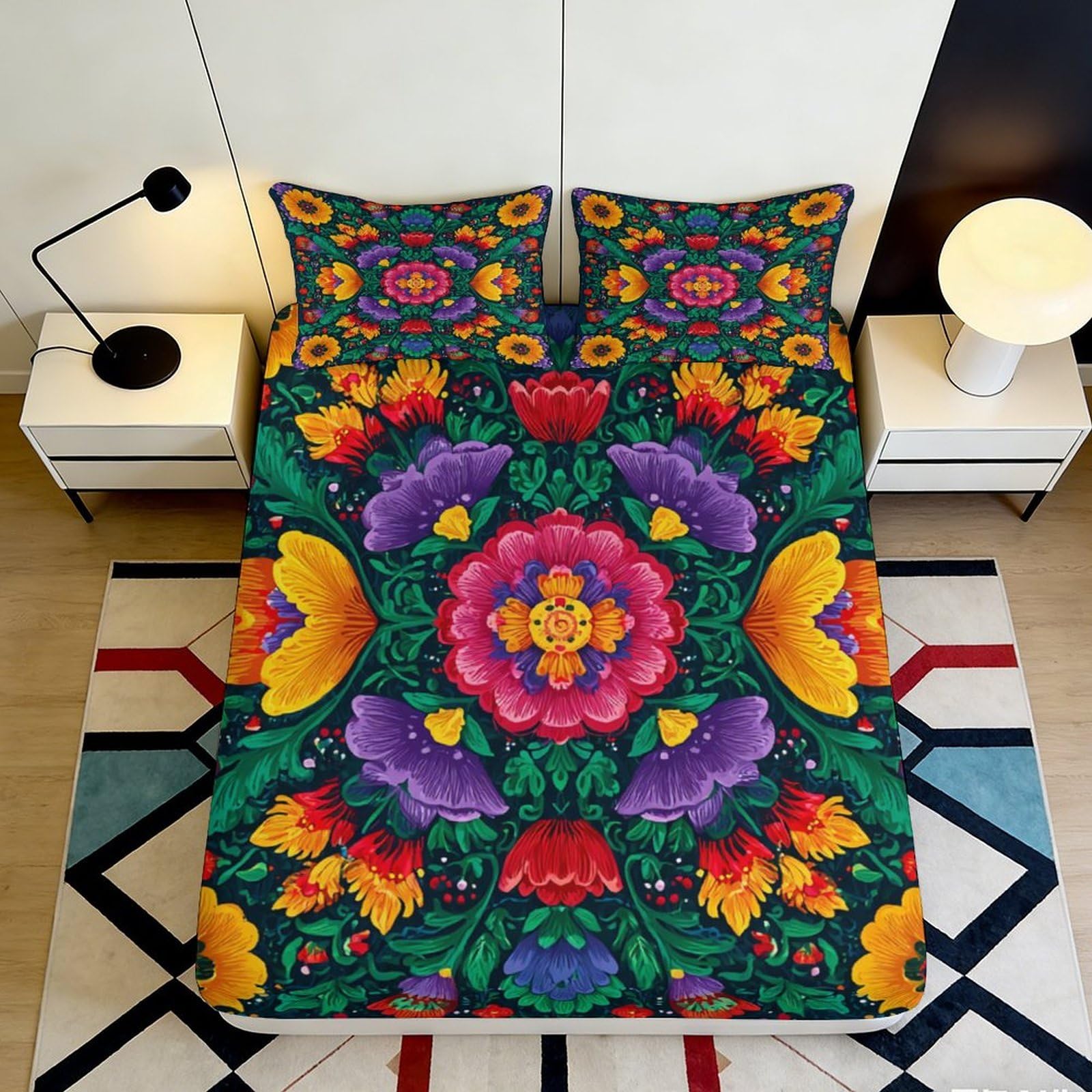 3D Printed Floral Mandala Fitted Sheet Microfiber Vibrant Bed Cover for Bedroom Guest Room Decor Dustproof Washable 90x200x25cm