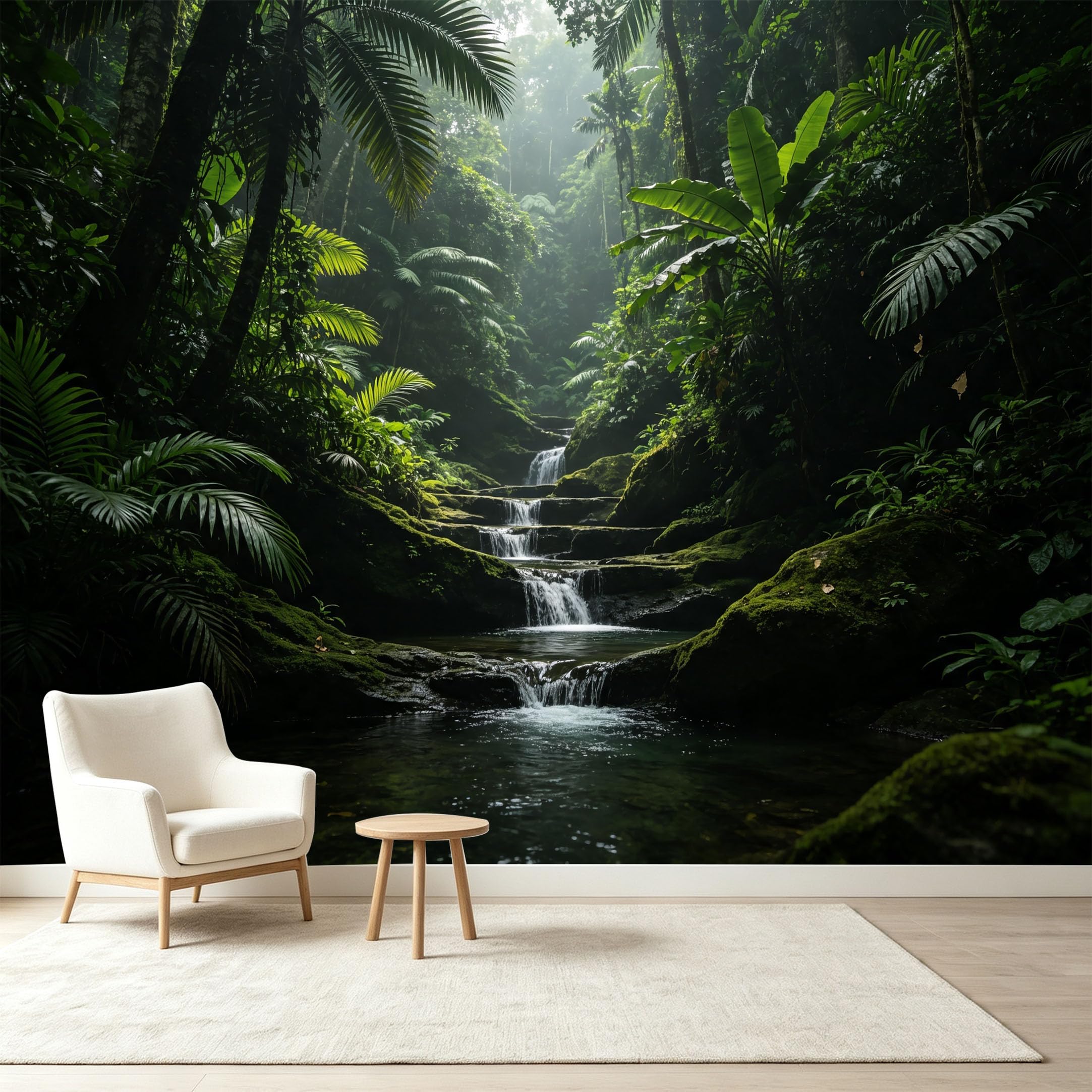 Custom Size Wall Murals Tropical Jungle Rainforest Waterfall Mossy Rocks Self-Adhesive Wall Fabric Removable Wallpaper Wall Decor for Living Room Bedroom Bathroom