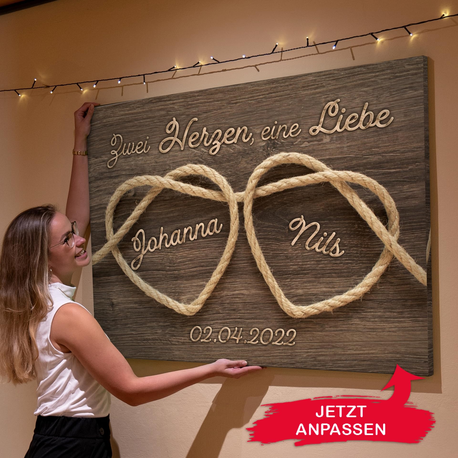Liebesleinwand Das sind wir Leinwand: Verknüpfte Herzen | Leinwandbild mit Namen und Datum | Wandbild gestalten | Jahrestag Geschenk für Frau Freundin Mann Freund