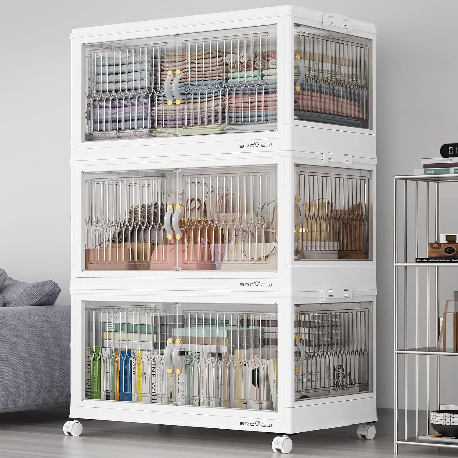 360QT Large Stackable Storage Bins with Lids, Plastic Closet Organizer and Storage Drawer, Collapsible Storage Box with Wheels, Folding Storage Cabinet with Doors for Home Kitchen, 3Pack White