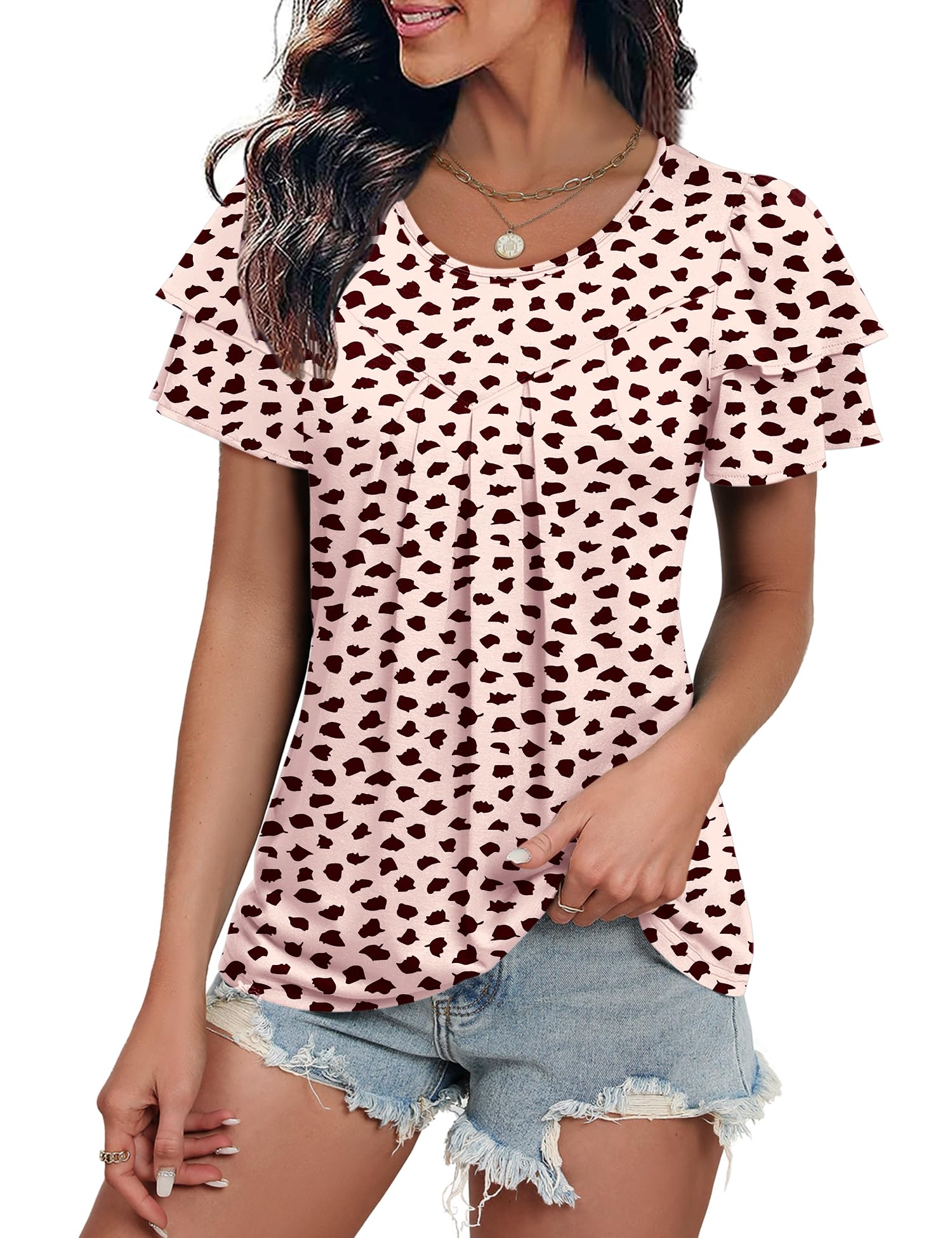 KTILG Women's Summer Tops Ruffle Short Sleeve T Shirts Crewneck Pleated Front Blouse Casual