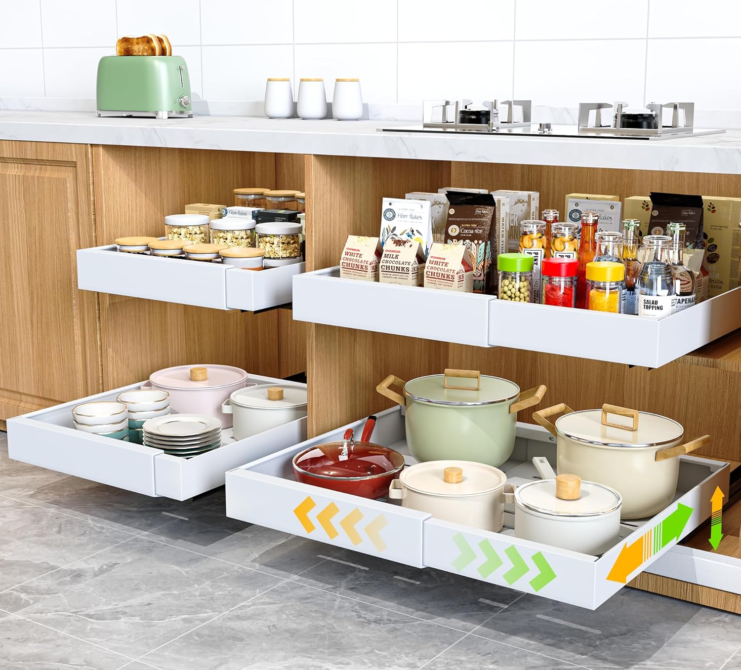Photo 1 of  4 Pack Pull Out Cabinet Organizer,21" Deep Slide Out Drawer Organizers,No Drill Roll Out Drawers Adhesive with Nano Compatible Framed Cabinets Shelves for Kitchen Pantry Adjustable Width (White) 