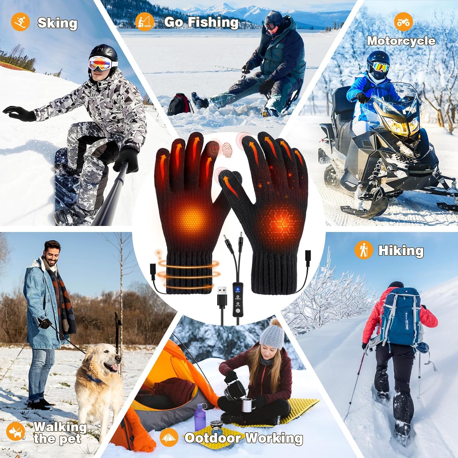 USB Heated Gloves for Women Men, Winter Gloves Full Finger Hand Warmers Gloves 3 Levels Temperature Adjustable Fast Heating Electric Heated Gloves for Outdoor Skiing Cycling Hiking (Dark black5)