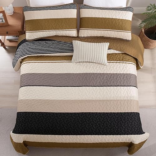 Vista 53 de Juego de edredón gris tamaño King, colcha de cultivo bohemio de otoño a rayas, juego de ropa de cama de microfibra bohemia de 3 piezas, colcha Gris