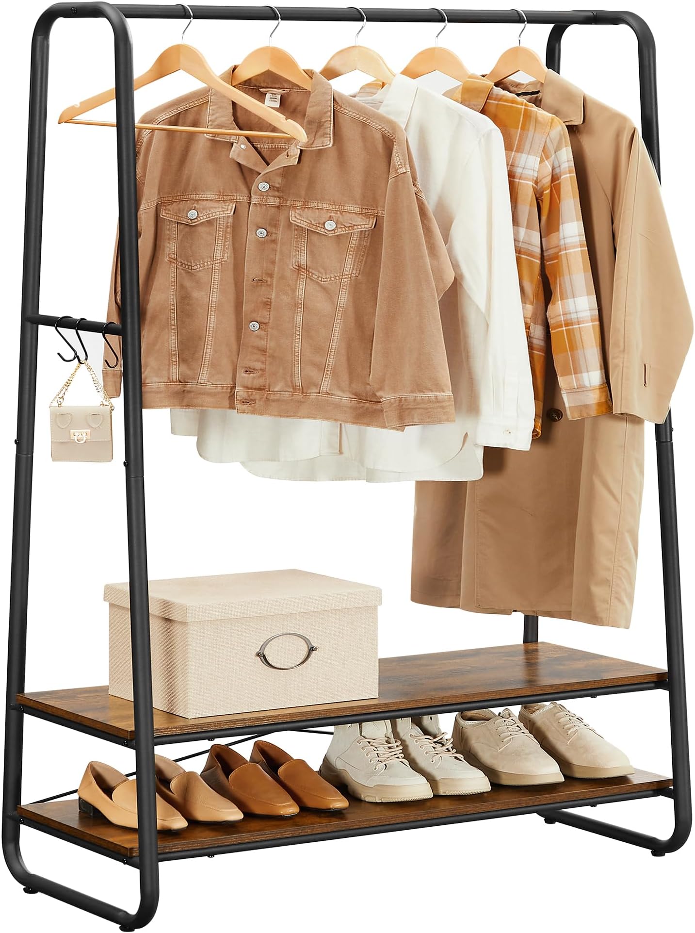 VASAGLE Clothes Rail, Clothes Rack with 2 Shelves, 6 S-Shaped Hooks, Steel Frame, for Bedroom, Rustic Brown and Black RGR112B01