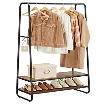 VASAGLE Stand Appendiabiti, Appendiabiti da Terra con 2 Ripiani, 6 Ganci Laterali a S, Struttura in Acciaio, 45 x 100 x 160 cm, Camera da Letto Corridoio, Marrone Vintage e Nero RGR112B01