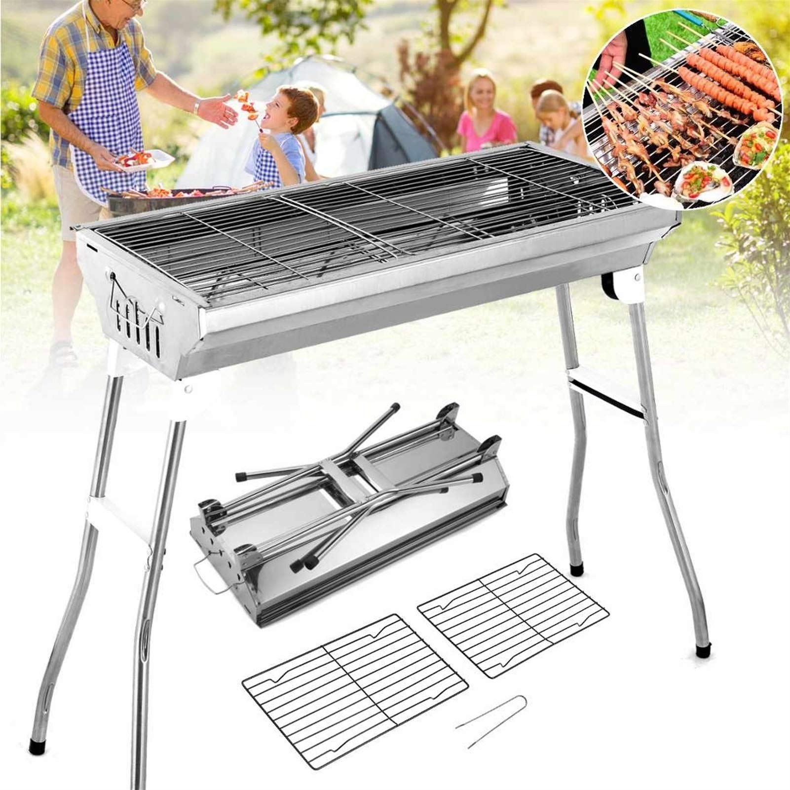 barbecue portatile 28.7 "Acciaio inossidabile Portatile □ Griglia Bbq Bbq Griglia anticata antischione Adatto per camper all'aperto, amanti barbecue, viaggi, parchi, spiagge Picnic all'aperto