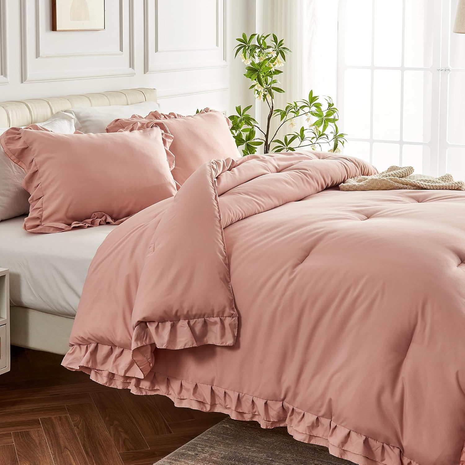 Blush Pink Double Ruffle Comforter Set Twin Size, 2 Pieces Rustic Vintage Farmhouse Shabby Chic Bedding Sets, All Season Soft Fluffy Lightweight Comforter Sets for Twin Bed - Image 2