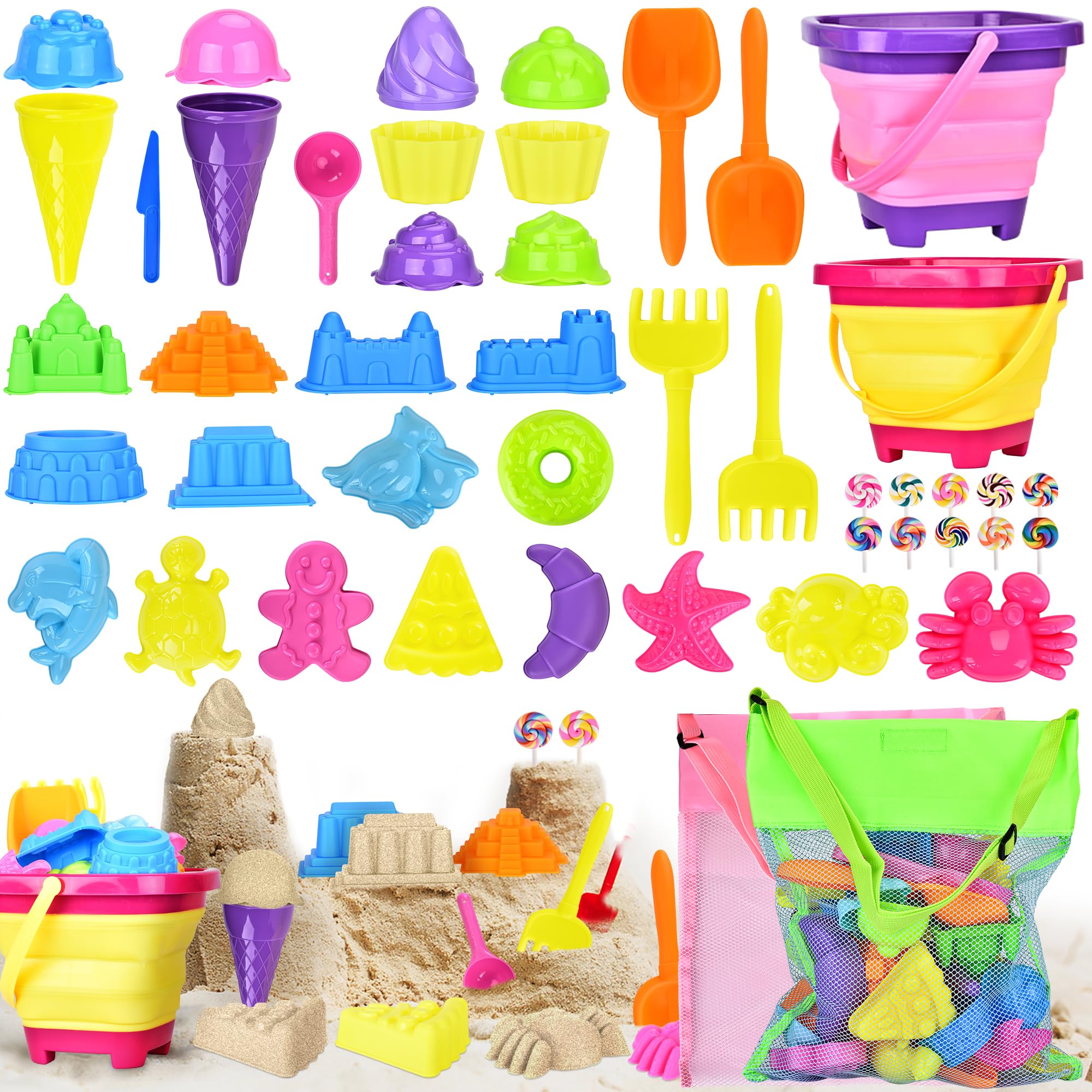 COZCLAM Beach Sand Toys for Kids, 46PCS Beach Toys Set Mit Collapsible Beach Bucket, Sand Leakage Mesh Bag | Desserts | Sea Animals | Sandcastle Molds | Sand Pit Toys For Toddlers Children Boys Girls