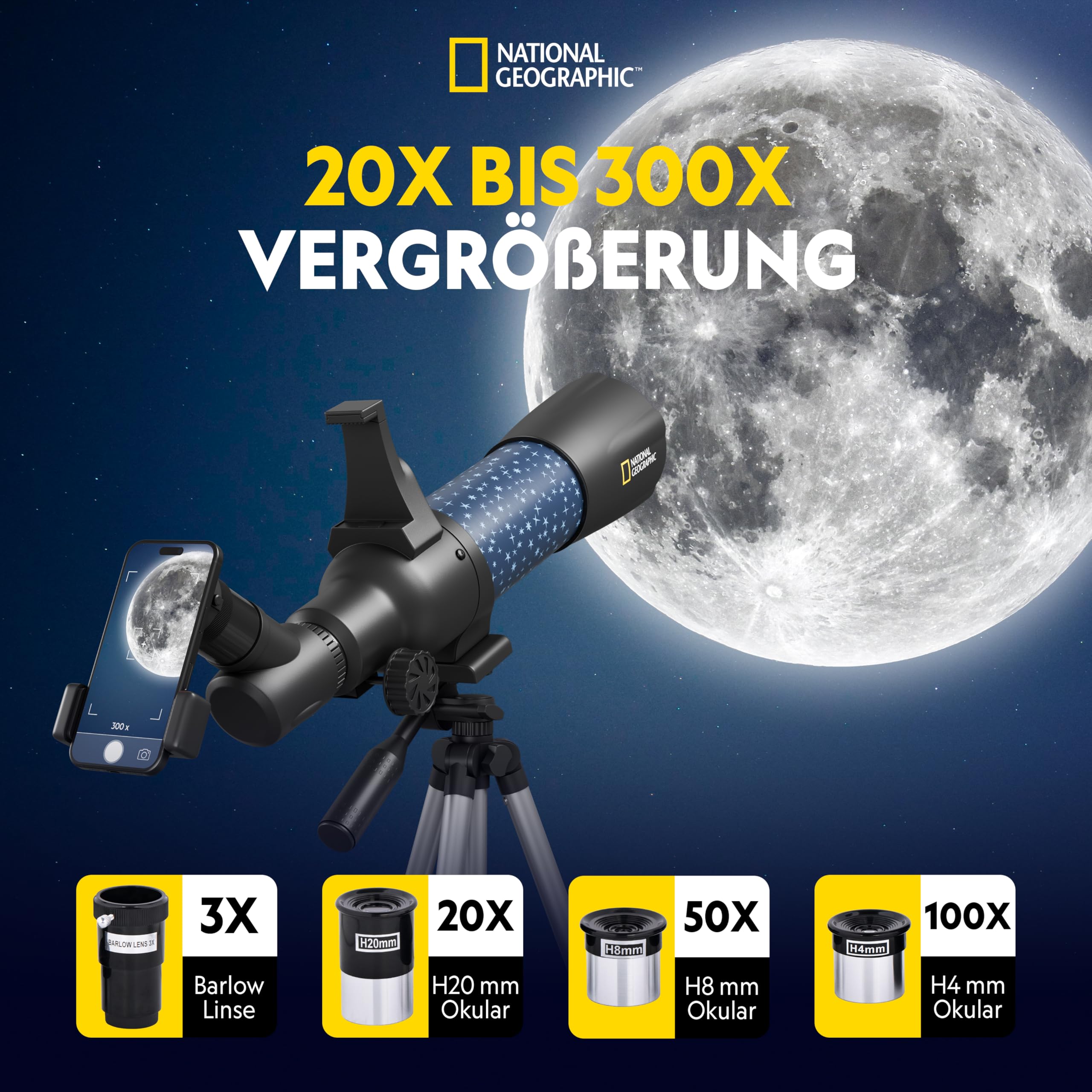 National Geographic smartes AR - Telescopio per bambini con treppiede, zaino, supporto per smartphone e app di realtà aumentata