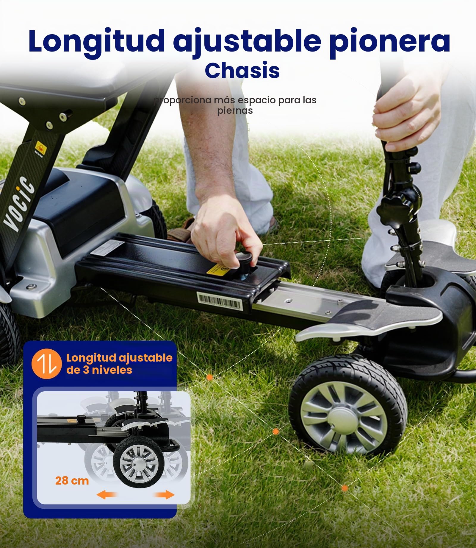 VOCIC D71 Scooter de movilidad para mayores de carbono plegable 21 kg | Marco ajustable, soporta hasta 150 kg, hasta 20 km de autonomía y apto para viajar en avión (plata)