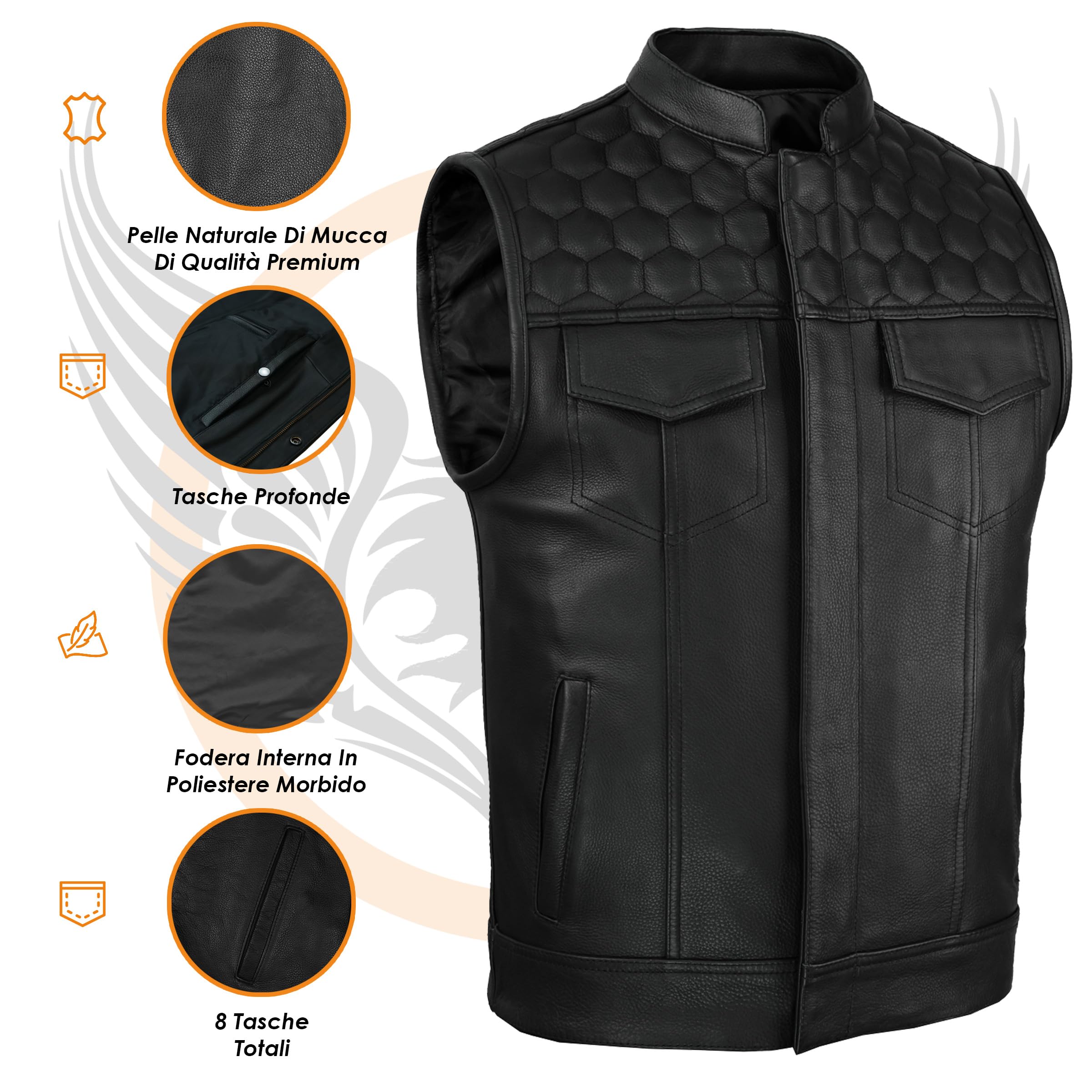 Leatherick Honeycomb SOA Gilet da moto da uomo in vera pelle – Gilet da motociclista con trasporto nascosto nero con fodera in poliestere