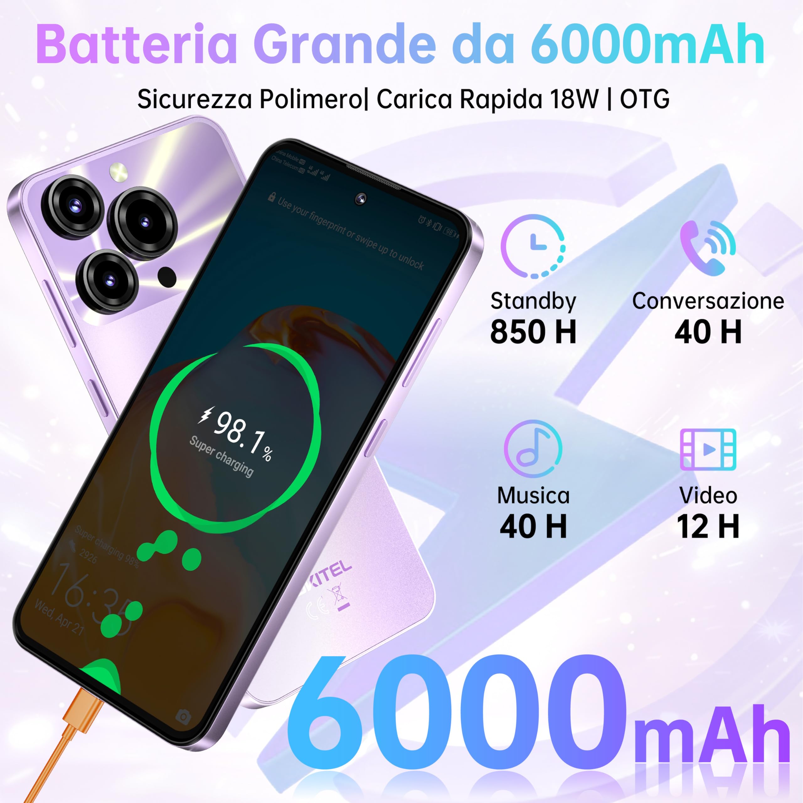 OUKITEL C69 Smartphone Android 15-24GB RAM+256GB ROM TF/1TB Telefono Cellulare, 7.2" HD+ 120Hz Grande Schermo, 6000mAh Cellulari, 64MP+8MP Telefono 4G Dual SIM/Fingerprint/Face ID/NFC/OTG, Viola