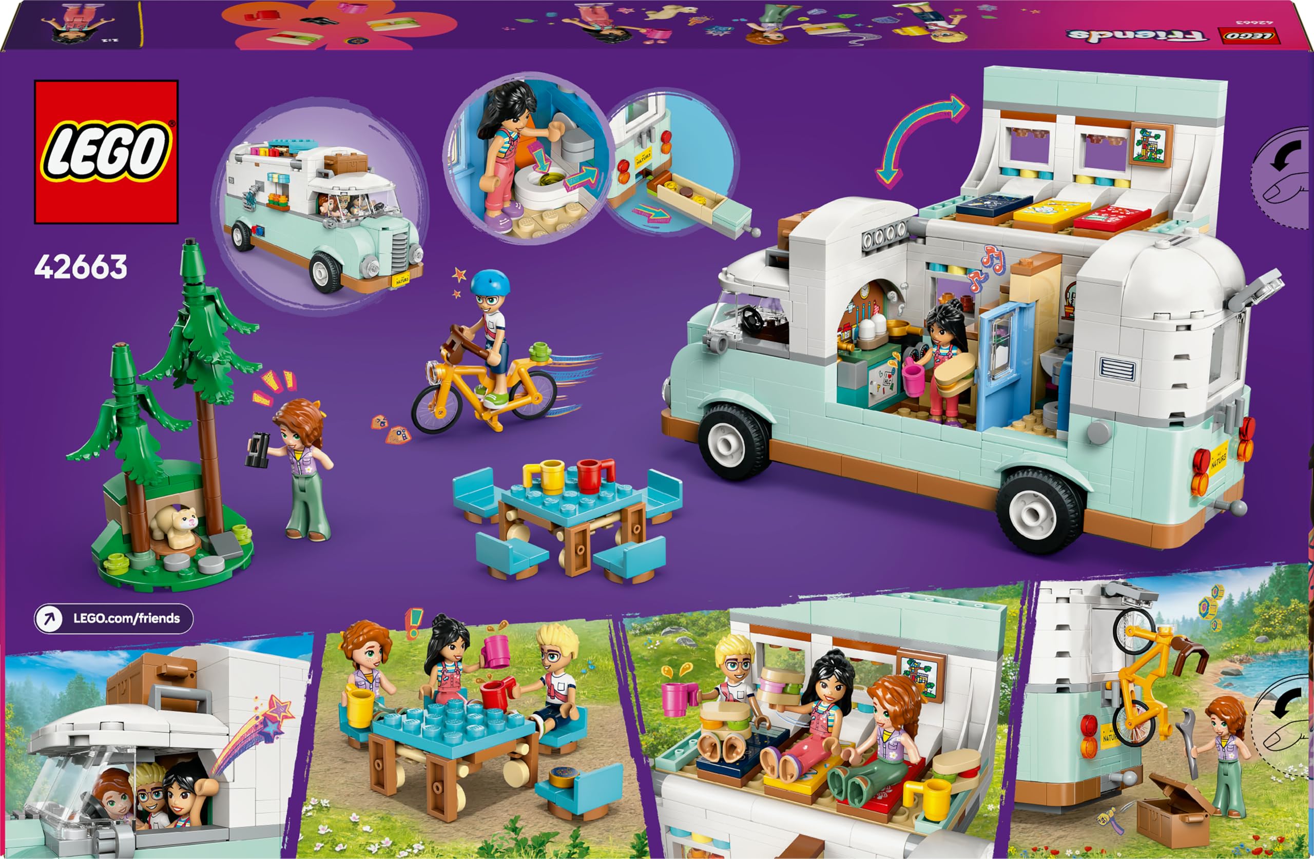 LEGO Friends Aventura en la Caravana de la Amistad, Autocaravana de Juguete con 3 Mini Muñecos, Figura de Hurón, Regalo para Niñas de 7 Años o Más, Furgoneta Camper, Prismáticos y Más Accesorios 42663
