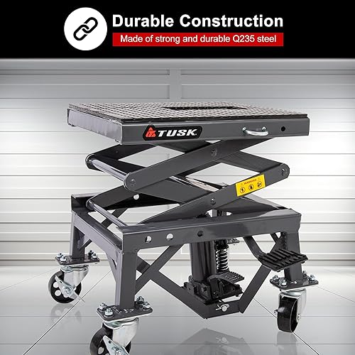Miniatura 6 de Tusk Soporte elevador de tijera, ajustable de 13.75 a 34 pulgadas, soporte de elevación de motocicleta resistente con ruedas y almohadilla superior