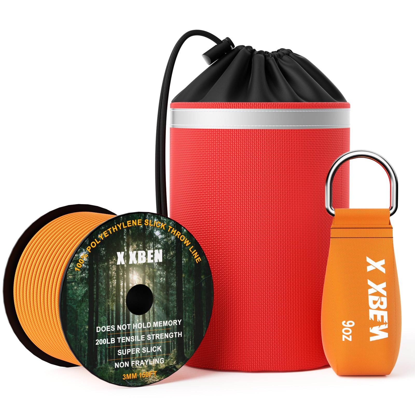 XBEN Arborist Throw Line Kit – 150ft Slick Rope & 9/11/15oz Throw Weight – Reflective Storage Bag – for Tree Climbing, Trimming, Camping – High/Low