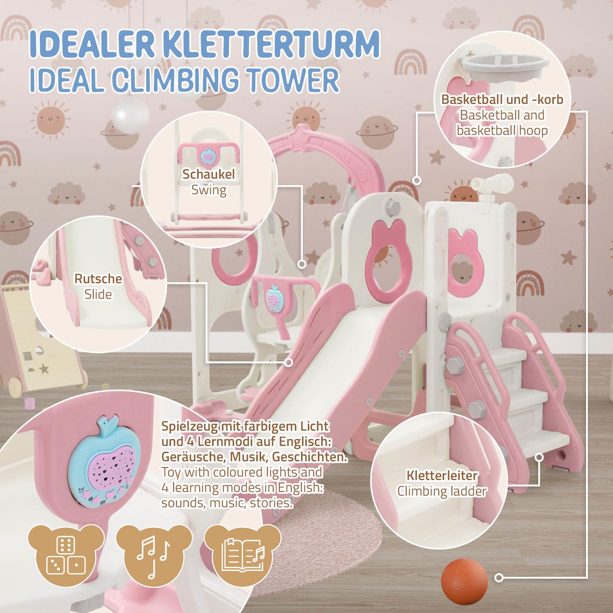Joyz Scivolo e Altalena per Bambini 5 in 1, Parco Giochi Interno ed Esterno, con Scala da Arrampicata, Canestro da Basket e Telescopio, Centro Attività, Set da Gioco con Scivolo Rosa/Bianco da 3 Anni
