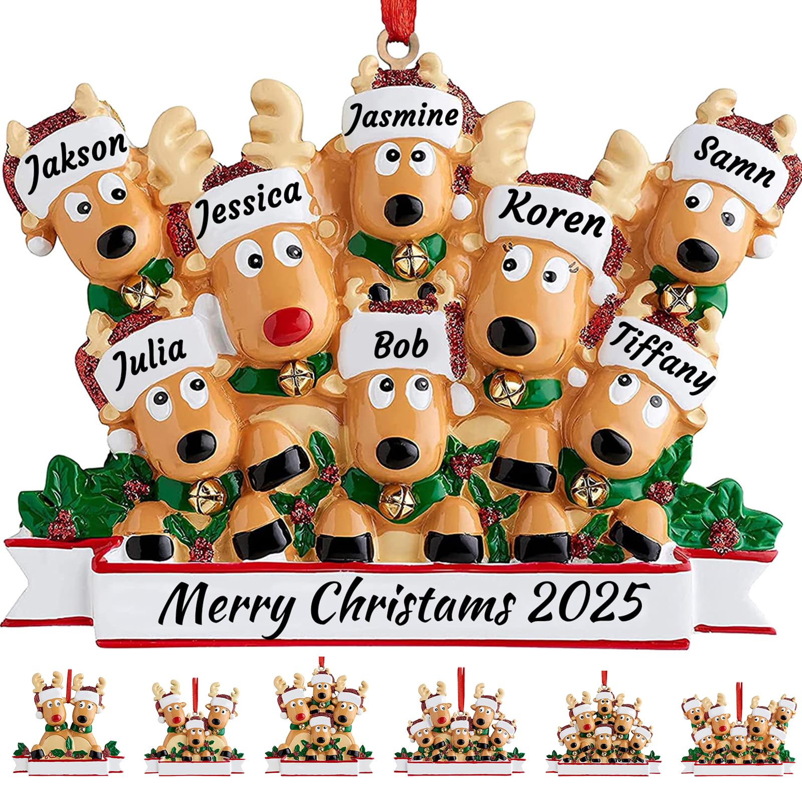 Seewelove 8 Deers Family Personalised Deer Christmas Tree Ornament Family Of 2,3,4,5,6,7,8 Name Cute Santa Reindeer 2024 Christmas Decoration Xmas Gift-Family Of 8