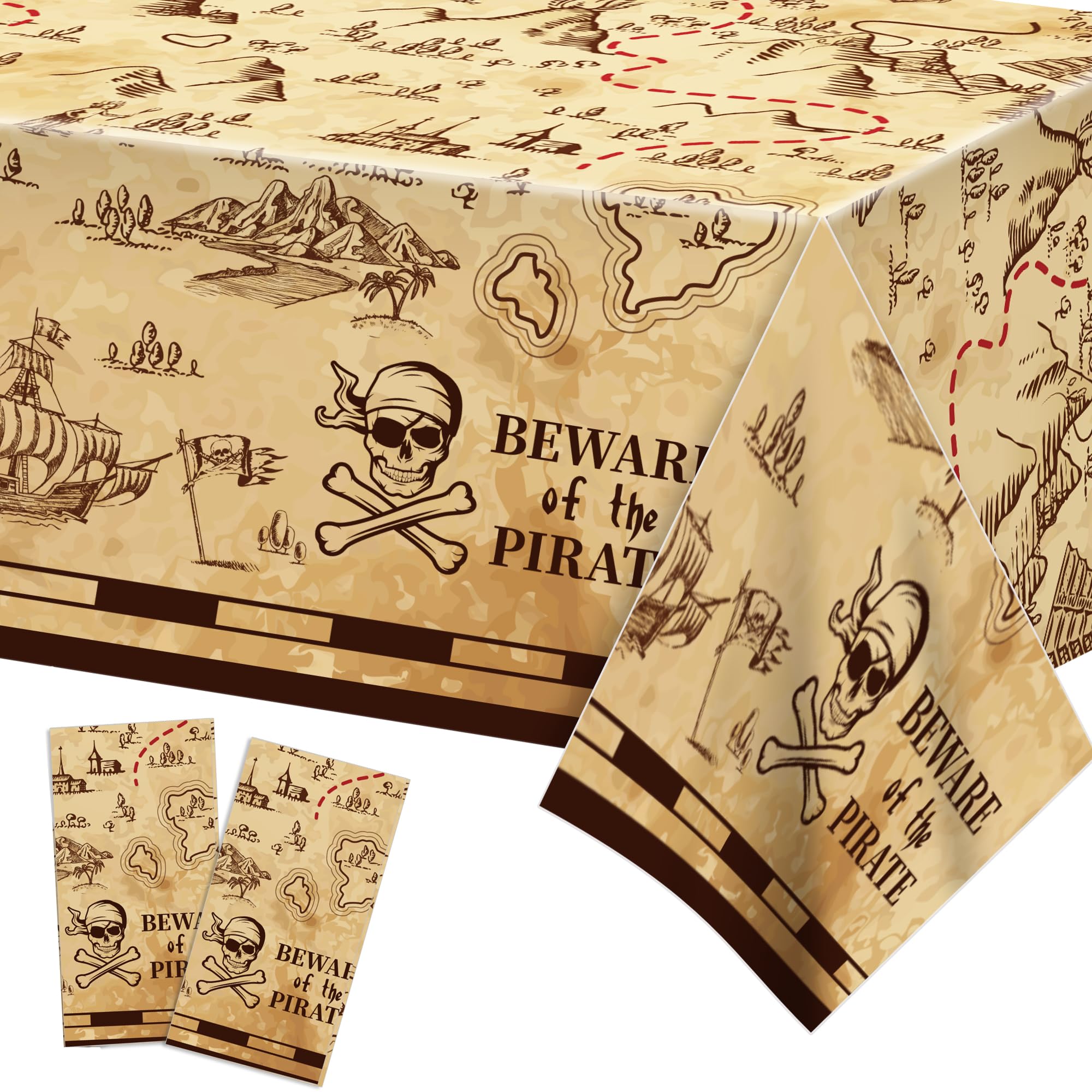 2 Pack Vintage Map Plastic Tablecloths 54 x 87 Inch Skull Ship Table Covers