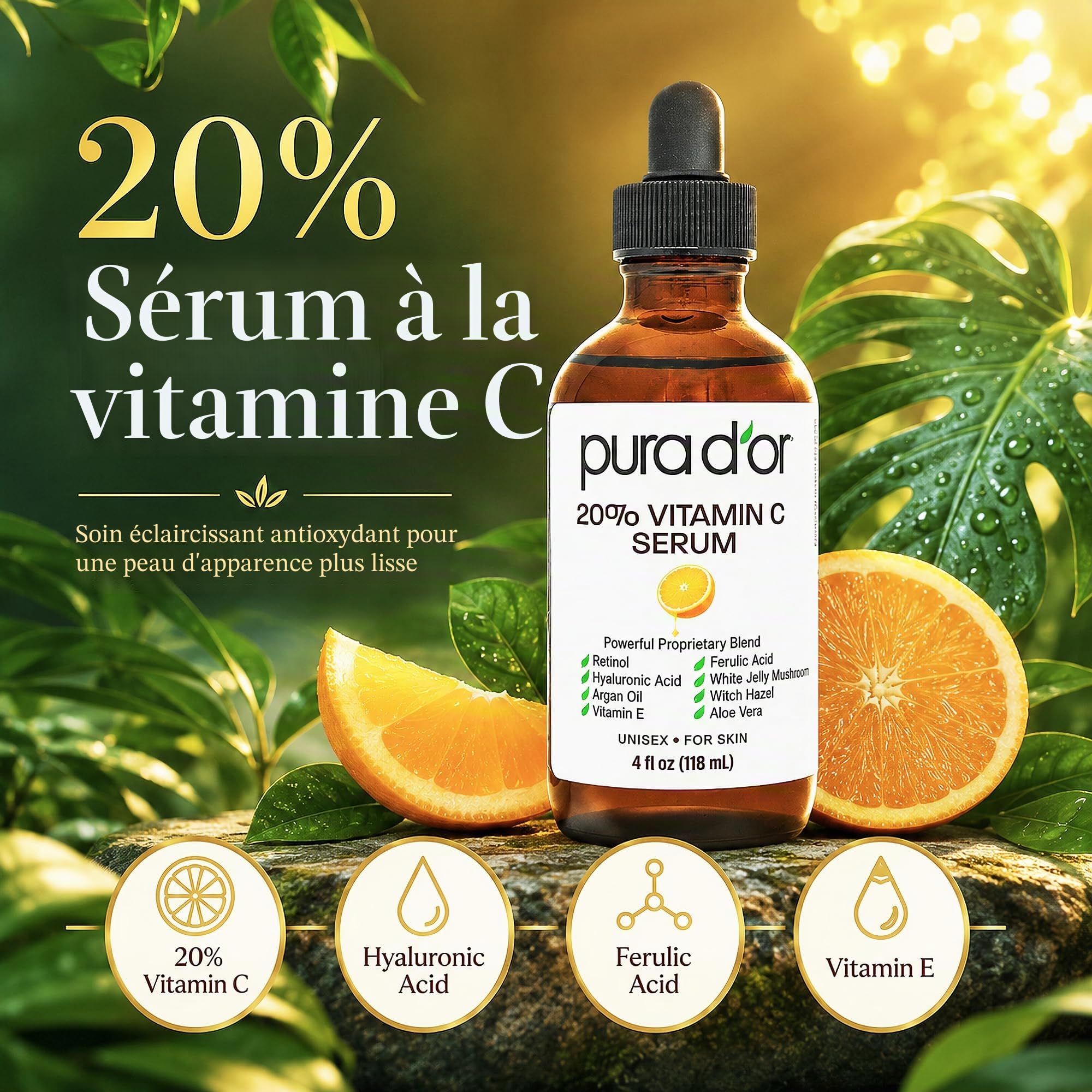 Pura D'Or 20% de vitamine c sérum (118 ml) avec l'acide hyaluronique, acide férulique, la vitamine e, super antioxydants, huile d'argan et aloe vera - force professionnelle