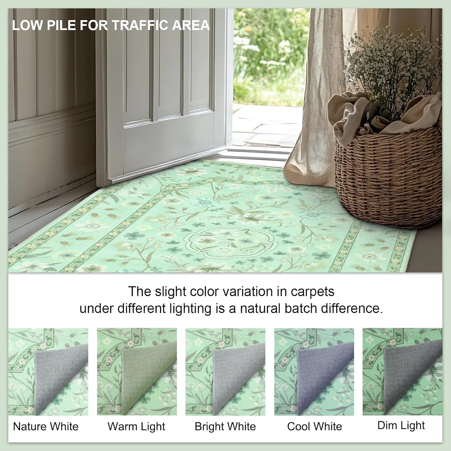 Instellar Floral Area Rug 5x7, Machine Washable Large Indoor Carpets, Non-Slip & Low Pile Area Rugs in Floral and Vintage Designs for Living Room, Bedroom, Dining Room,and Playroom Light Green