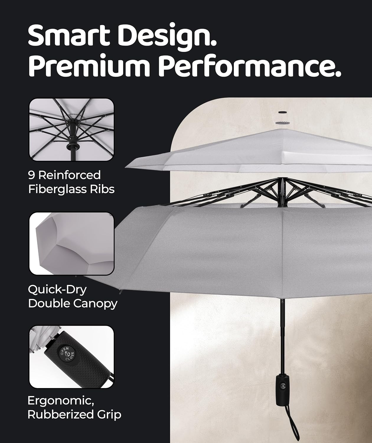 Windproof Travel Umbrella - Compact & Withstands Winds up to 100MPH, Strongest Premium Auto Folding Umbrella for Rain and Sun - Durable, Light & Portable for Women & Men, Fits Backpack & Cars image 2