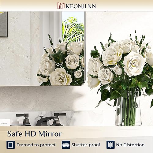 Vista 8 de Keonjinn Espejo de botiquín cromado de 16 x 24 pulgadas, botiquín empotrado para baño, elegante marco de acero inoxidable, estantes ajustables