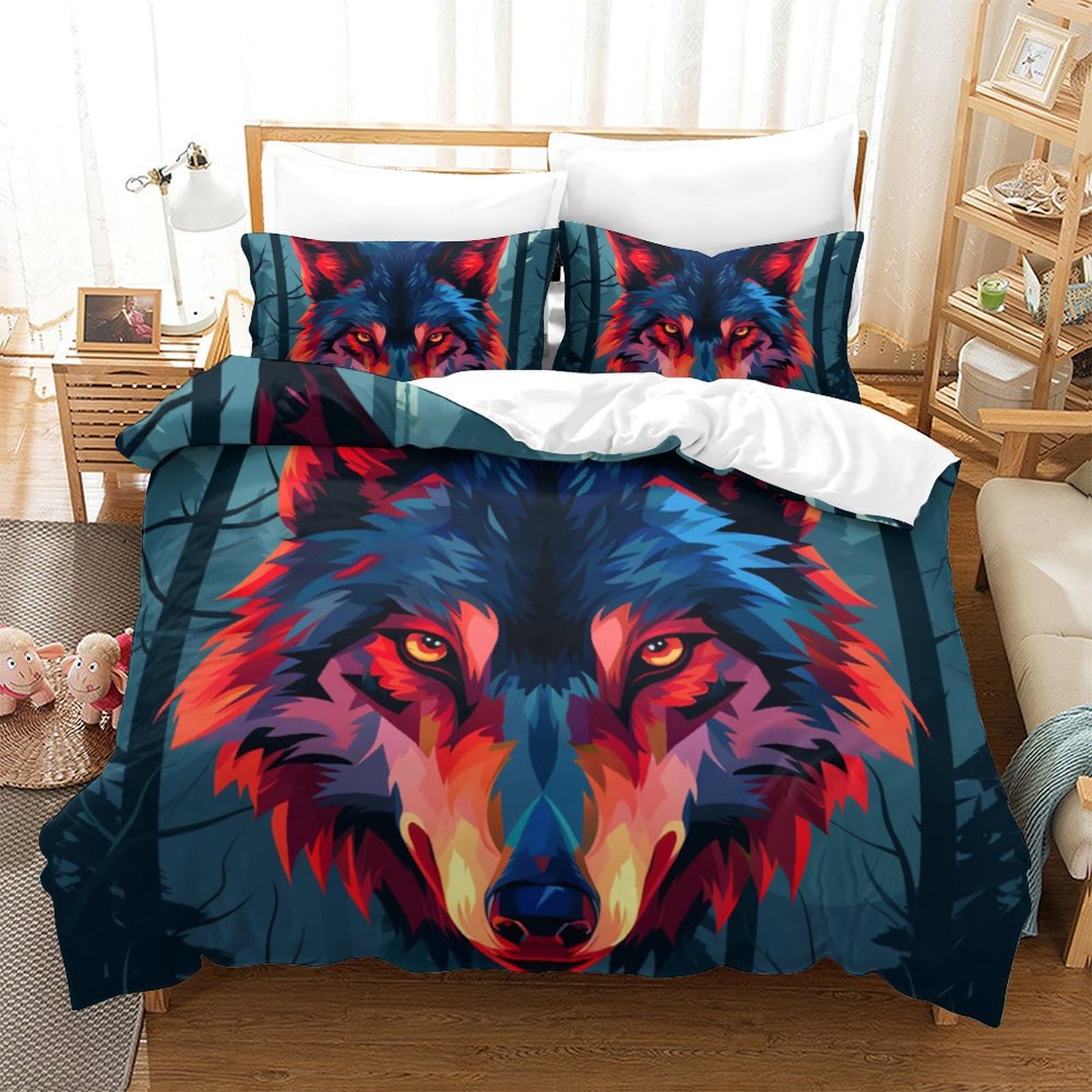 Housse de couette loup 3D parure de lit super king 260x220 cm avec taies en microfibre