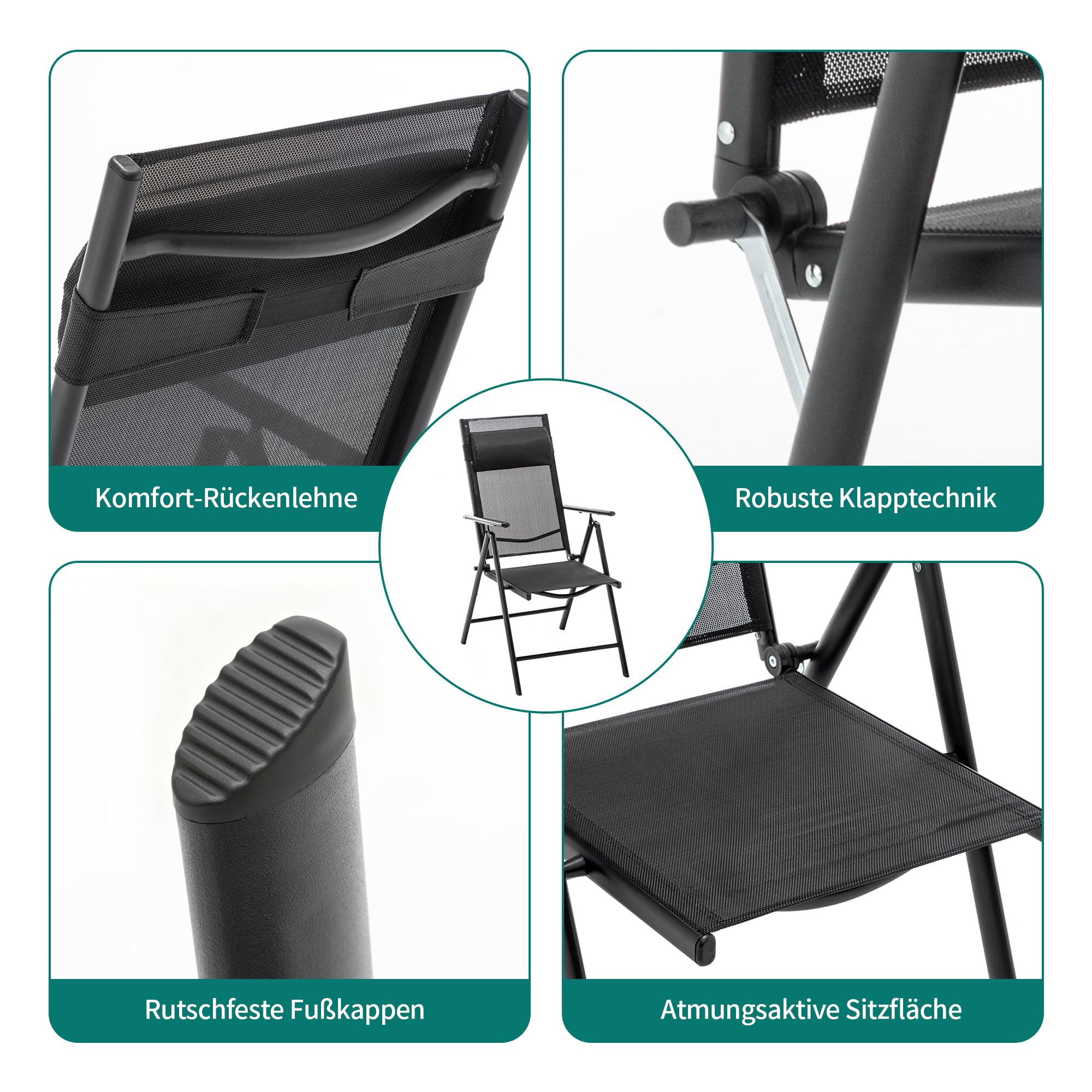 Thanaddo Gartenstuhl Hochlehner 2er Set Klappbar Gartenstühle mit Kopfkisssen, 130 KG Belastbar, Metall Campingstuhl Balkonstuhl Wetterfest für Garten, Terrasse, Balkon und Camping, Schwarz
