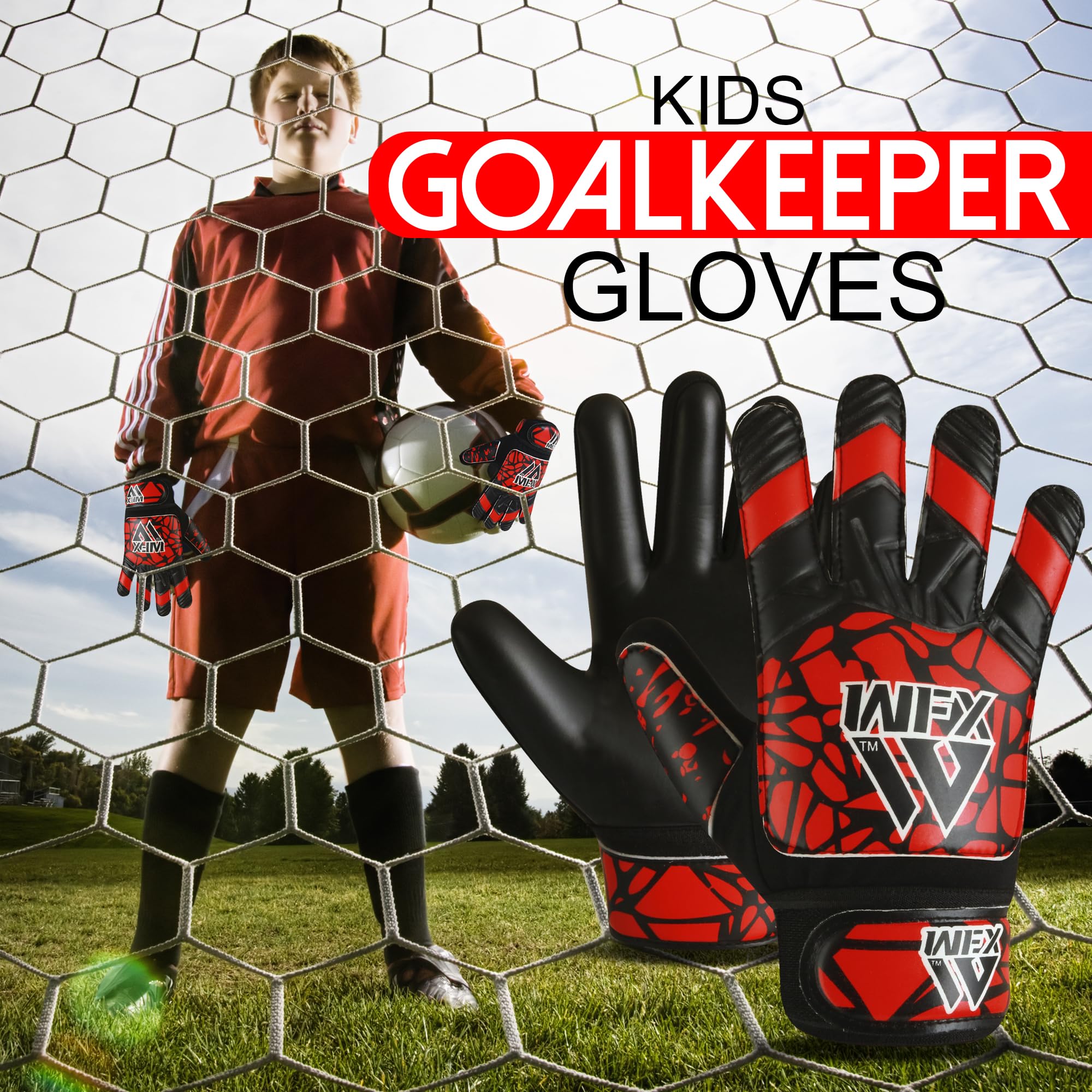WFX Goalkeeper Gloves for Kids Children Boys Youth Soccer Goalie Gloves with Double Wrist Support football Goalkeeping Gloves Grip Palm Protection (Red - Image 2