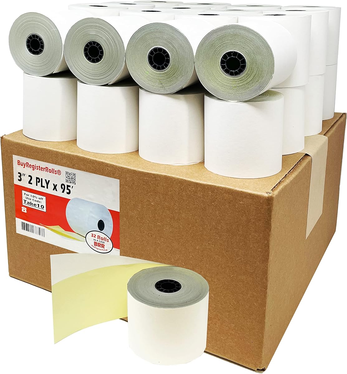 (32 rollos) Rollos sin carbón de 2 capas de 3" x 95 pies papel de recibo blanco/amarillo POS caja registradora dos capas blanco/canario para Star Micronics SP700 SP2000 UP389 Omni 480 TMU 220 250 Requiere cintas ERC30/34/38