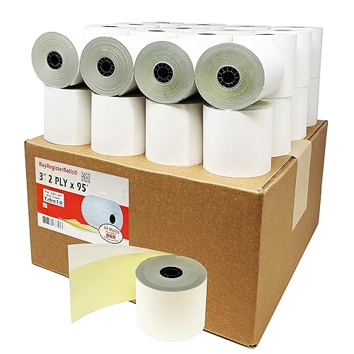 (32 Rolls) 2 Ply Carbonless Rolls 3" X 95 Feet White/Yellow Receipt Paper POS Cash Register Two Ply White/Canary for Star Micronics SP700 SP2000 UP389 Omni 480 TMU 220 250 Require Ribbons ERC30/34/38
