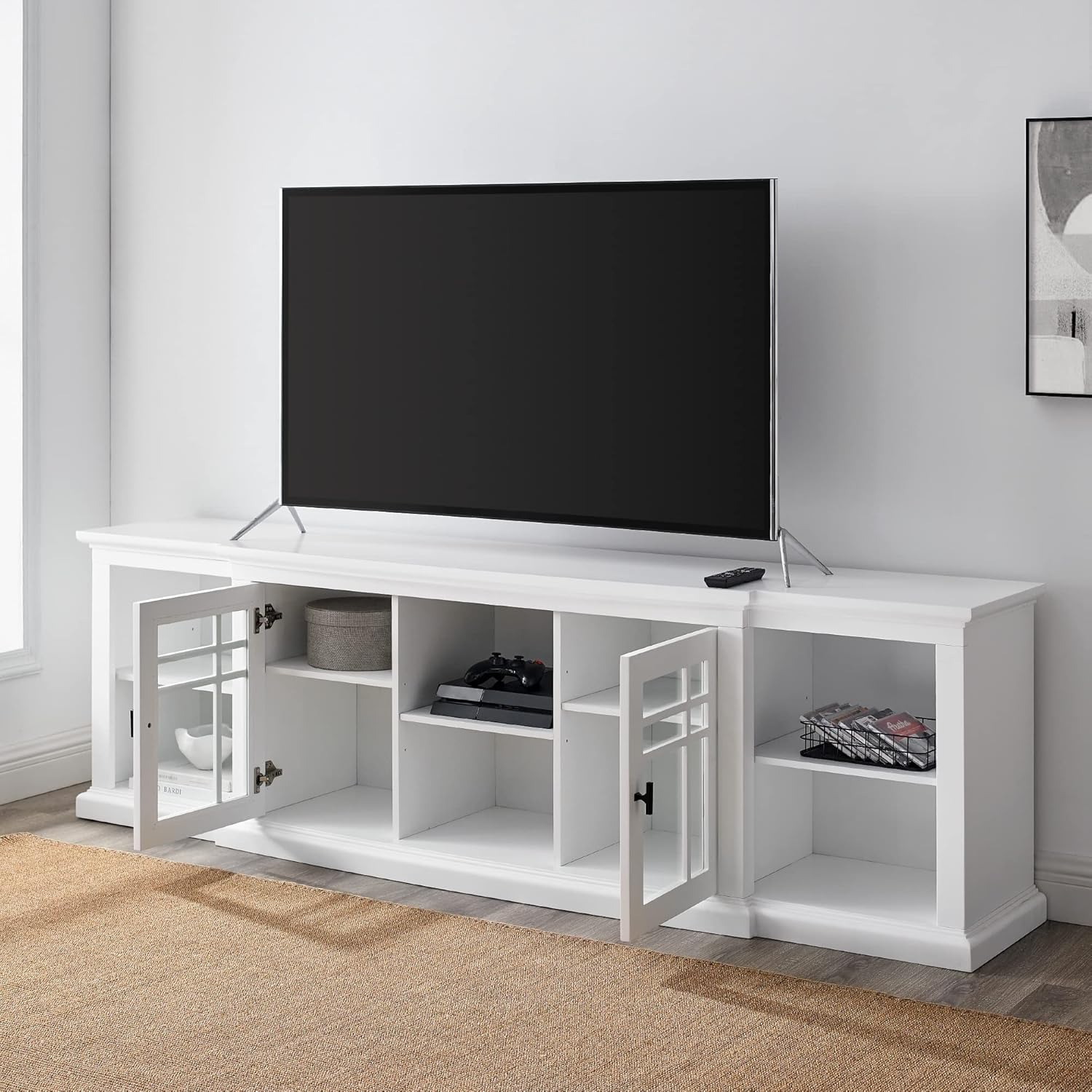 Walker Edison Bardot Classic Glass-Front 2-Door Storage TV Stand for TVs up to 88 Inches 80 Inch White