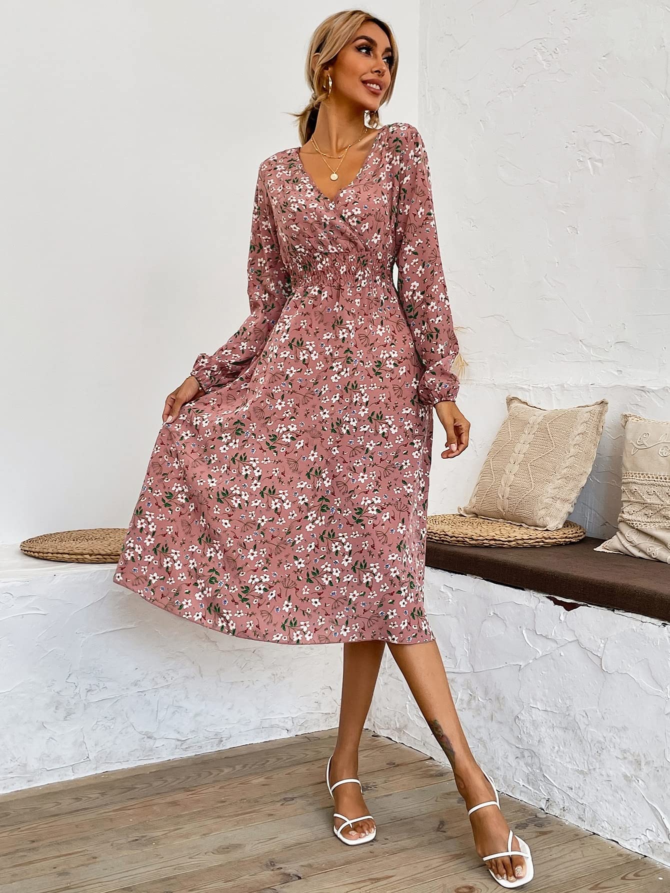 Women's Midi Dress Long Sleeve Neck 
