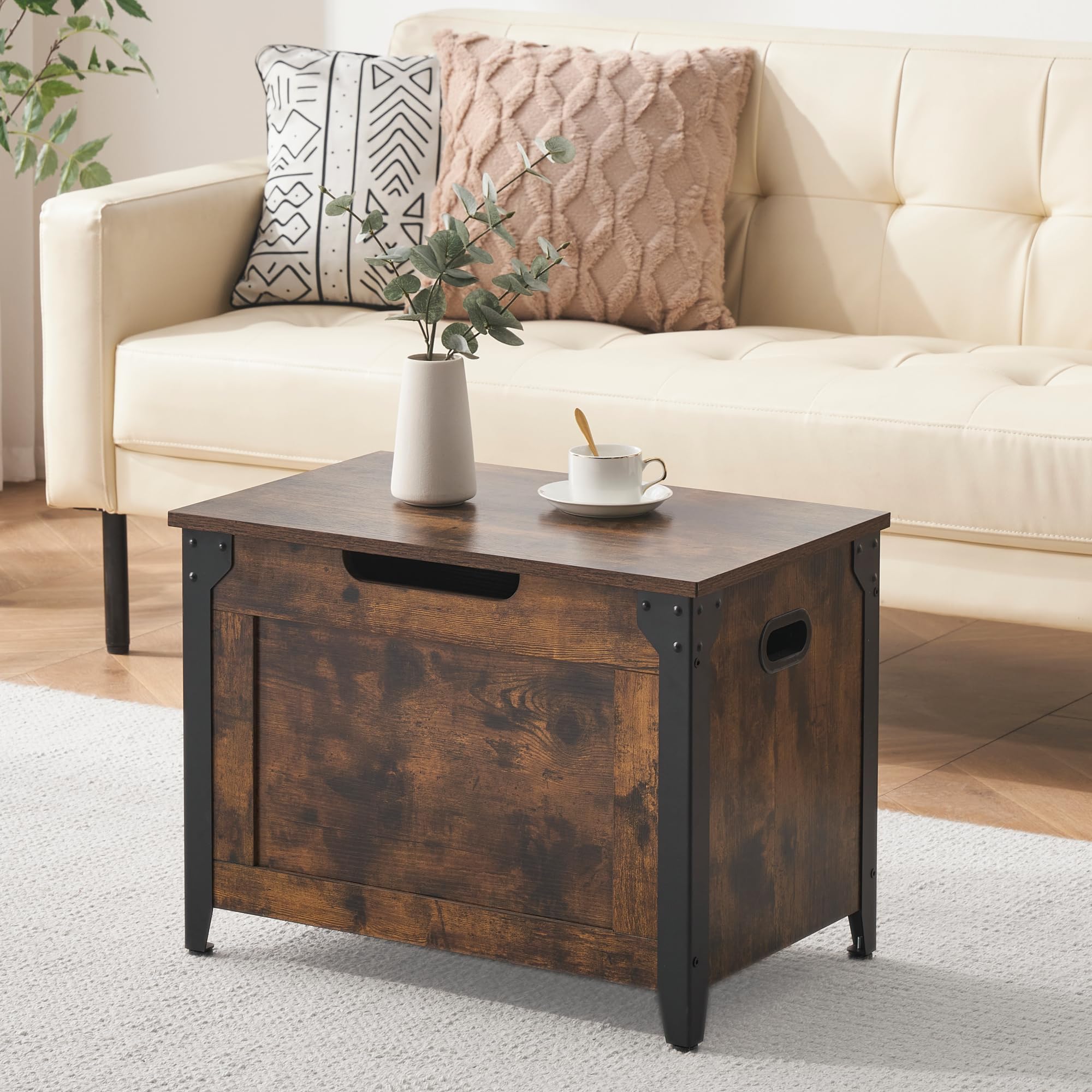 Banc avec espace de rangement, coffre avec couvercle, 60 cm de long, 2 charnières de sécurité, charge maximale : 136 kg, coffre en bois, pour couloir, chambre à coucher, salon, marron