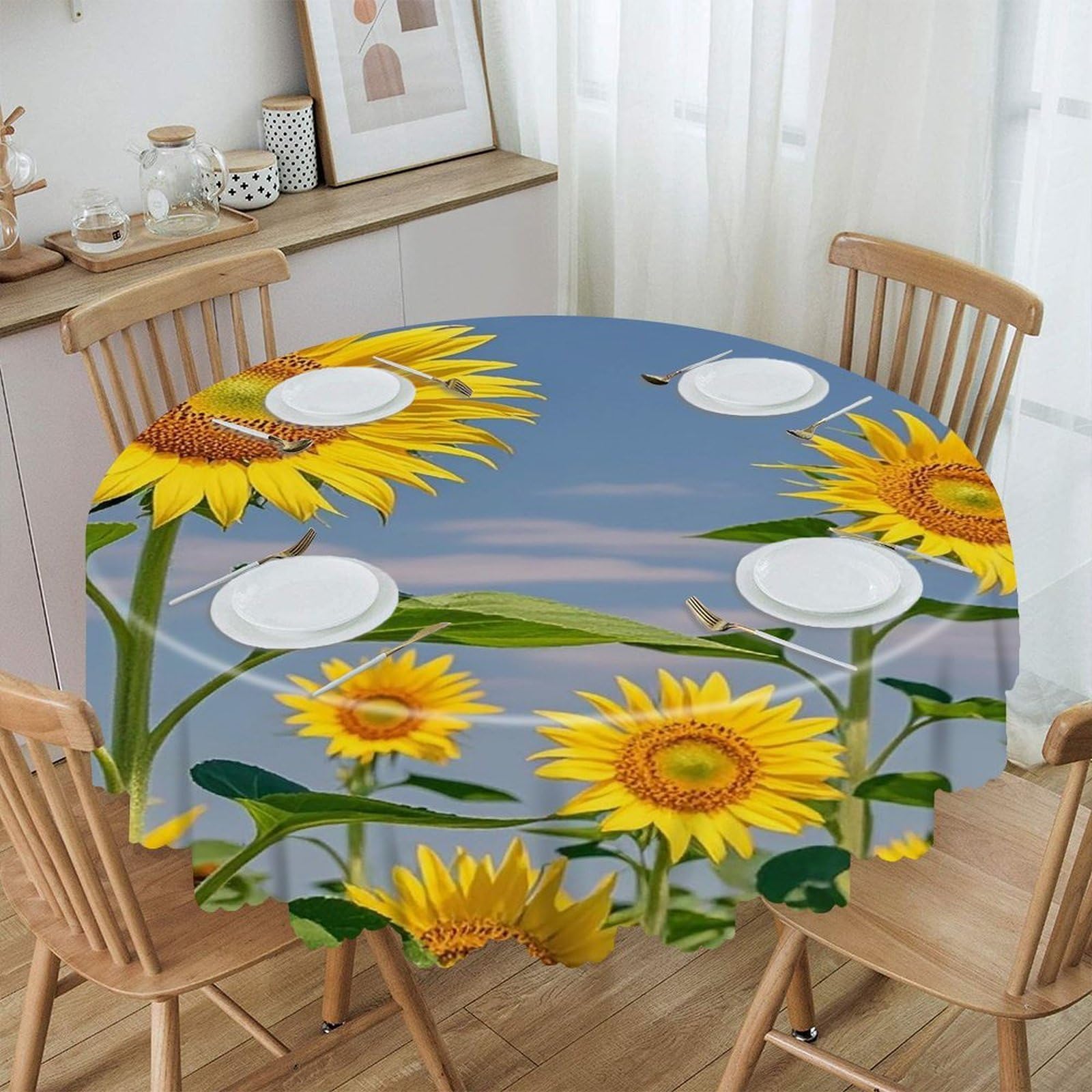 LZQPOEAS Sunflower Beauty Round Tablecloth Rustic Circle Table Cloth Wrinkle Resistant Decor Tablecloth Waterproof Washable Table Cover for Kitchen Party Dining Table 60 Inch