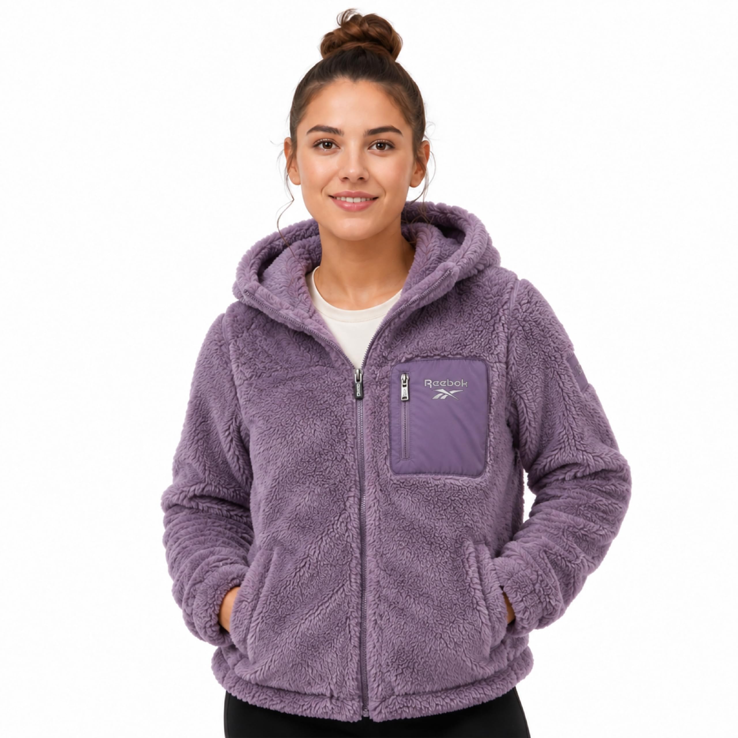 Womens Sherpa Fleece Jacket Midweight Zip-Up Hooded Winter Coat