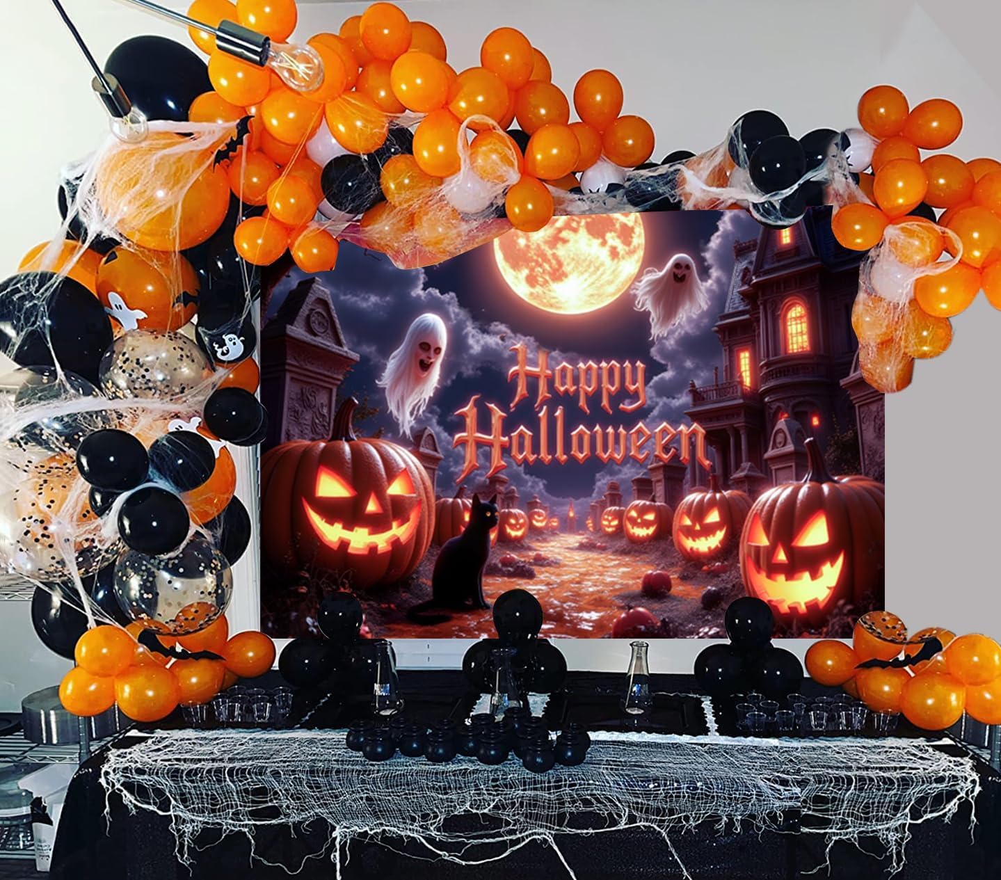 10x10ft Halloween Backdrops for Photoshoot Spooky Golden Full Moon Pumpkin Ghosts Happy Halloween Photo Backdrop for Photography Haunted Mansion Decorations Background Studio Photo Booth Props
