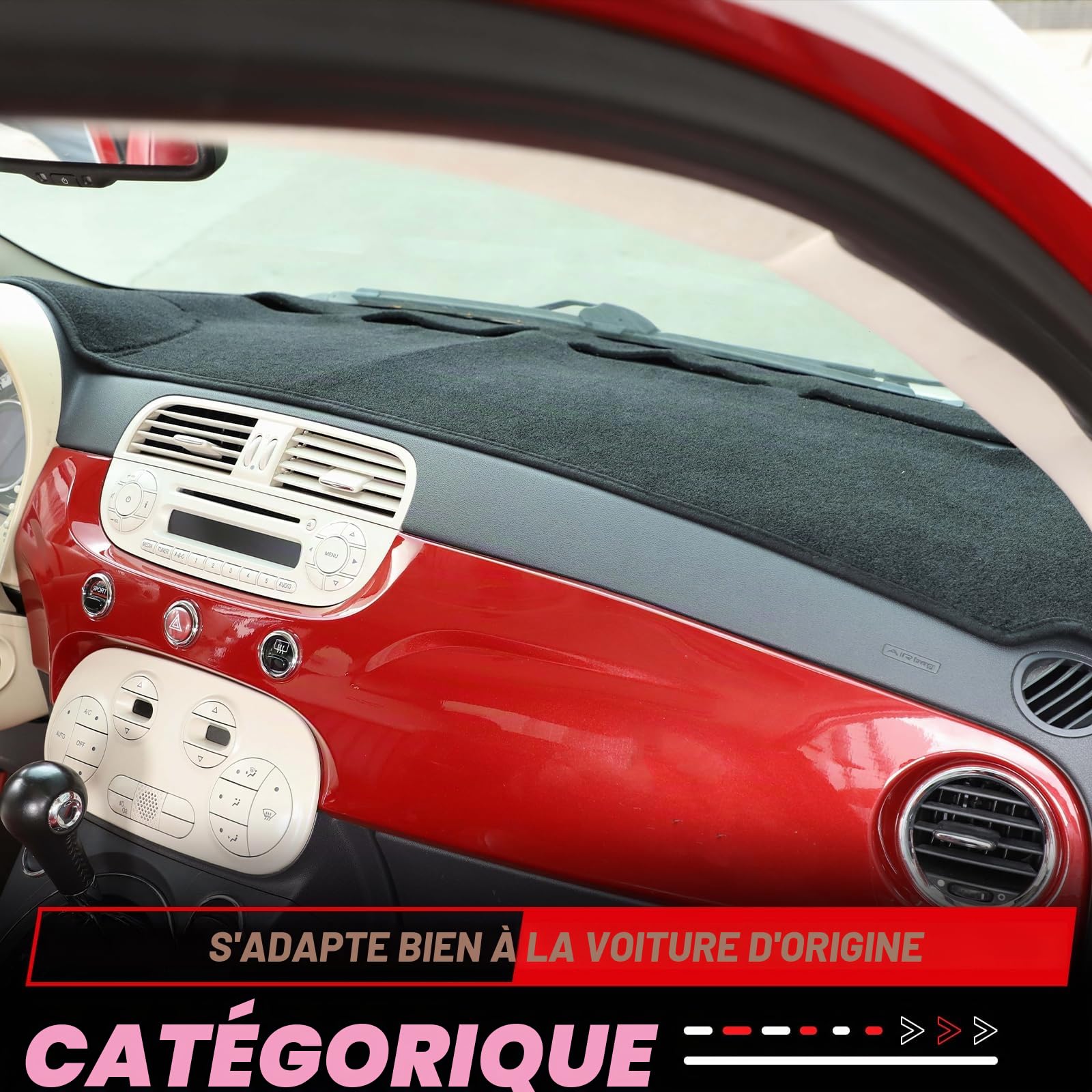 Housse de tableau de bord compatible avec Fiat 500 2008-2023, revêtement intérieur pour tableau de bord de voiture, antidérapant, anti-UV, protection solaire (noir, avec conduite à gauche)